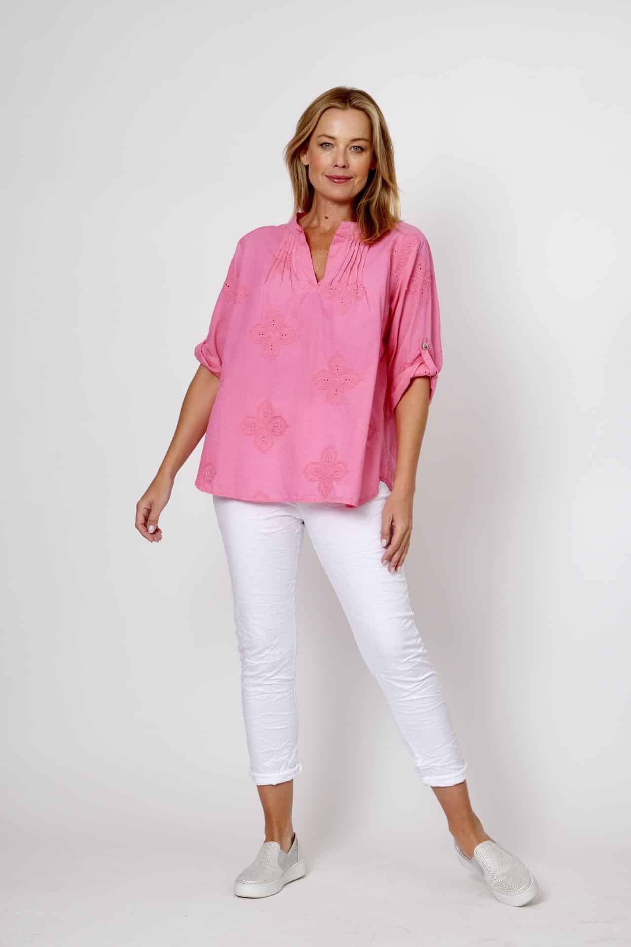 La Strada Embroidery Cotton Top - Candy Pink