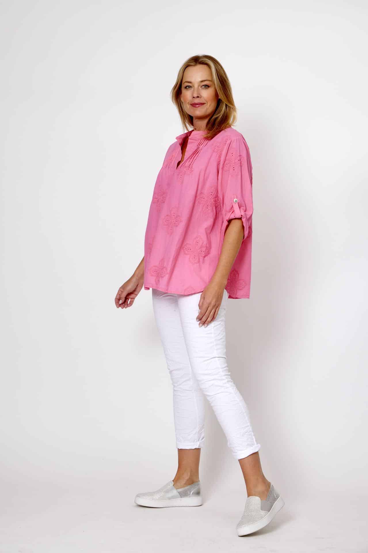 La Strada Embroidery Cotton Top - Candy Pink