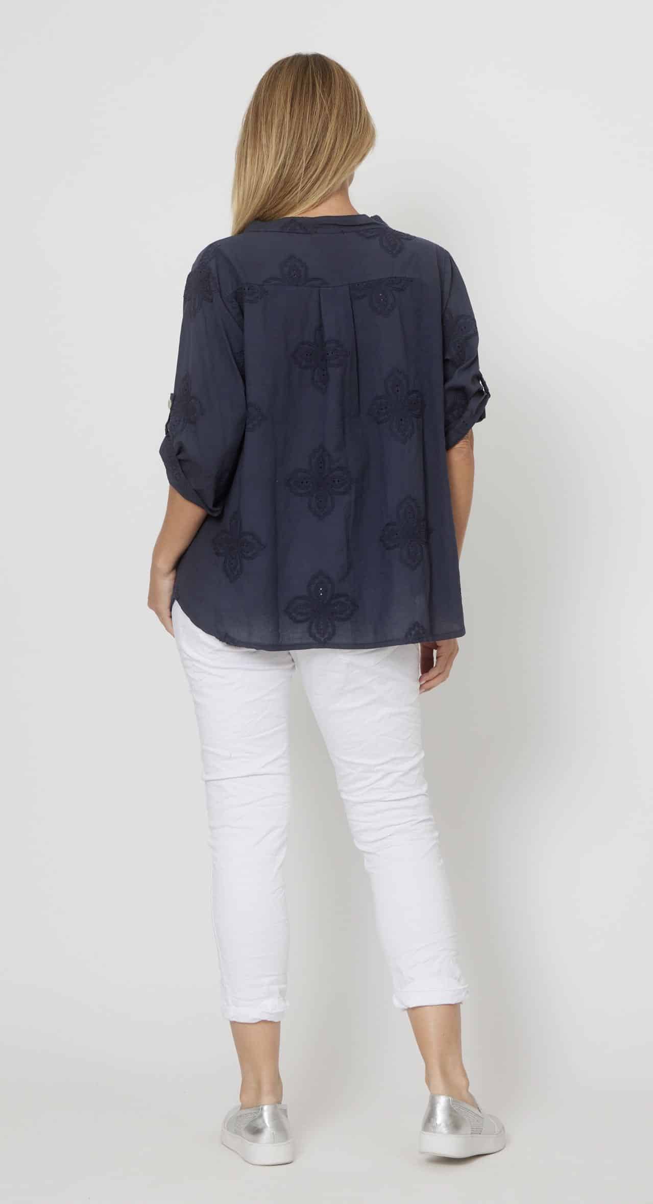 La Strada Embroidery Cotton Top - Navy