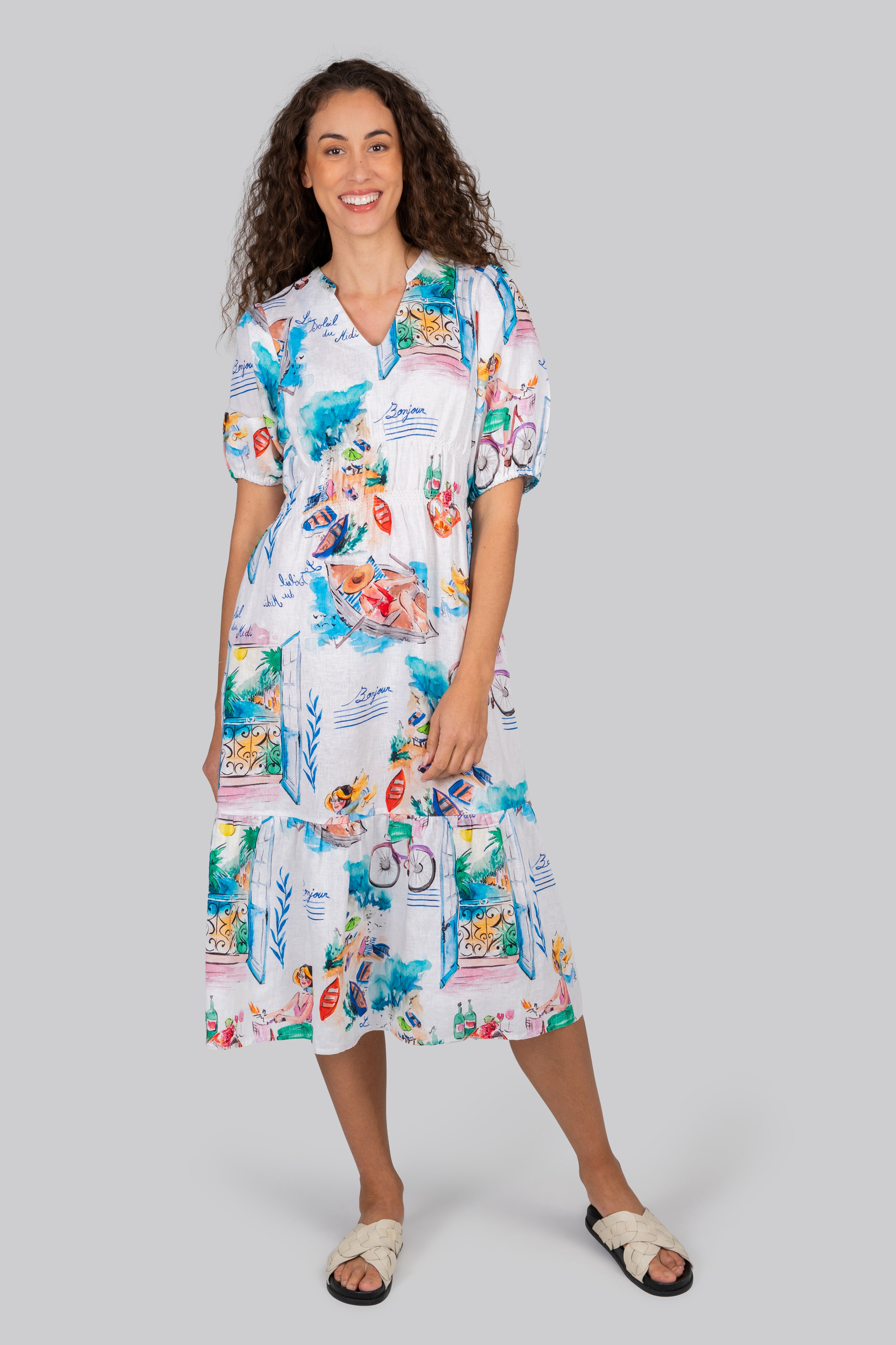 Kaleido Gathered Elbow Sleeve Dress - French Riviera