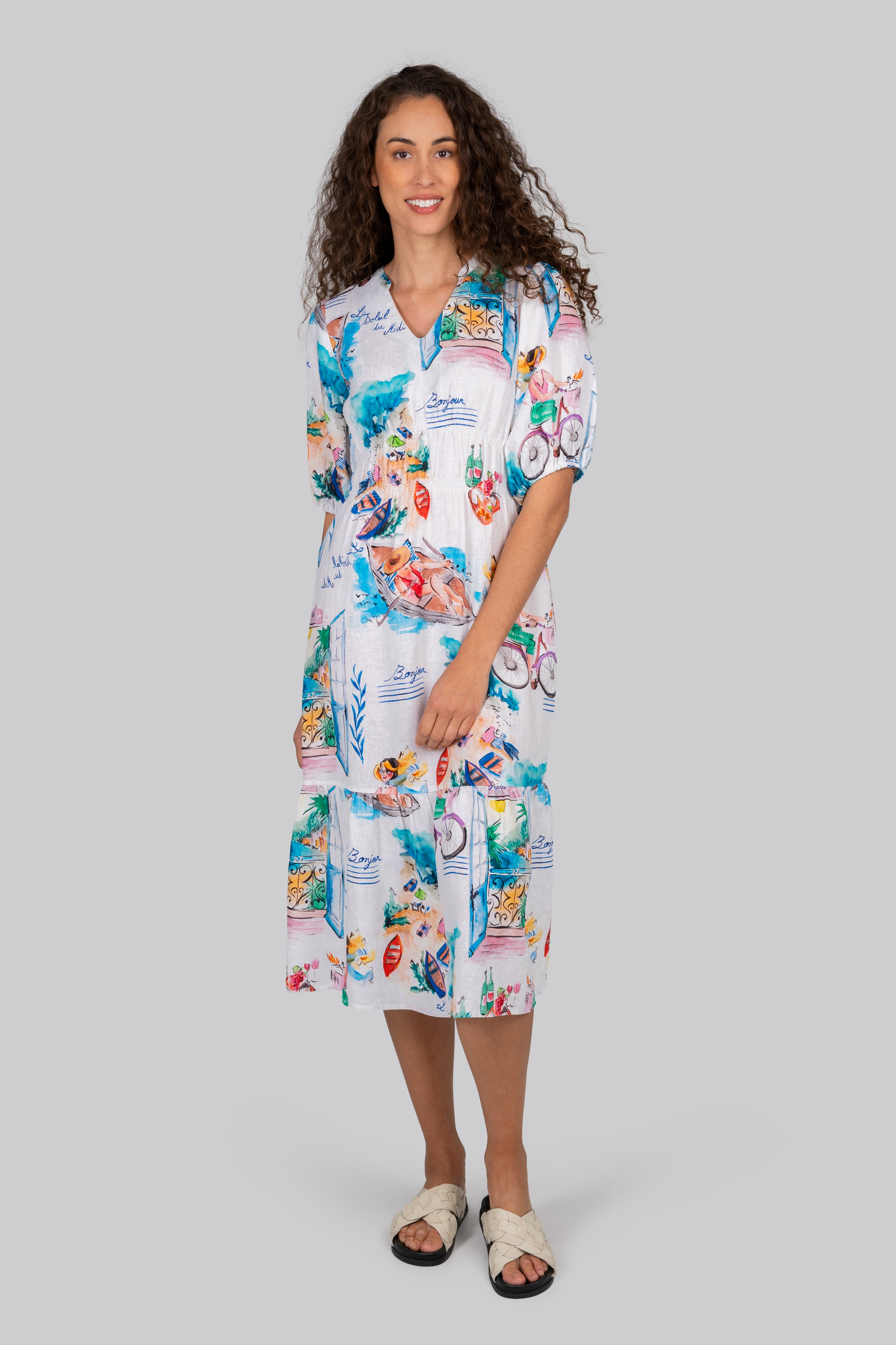 Kaleido Gathered Elbow Sleeve Dress - French Riviera
