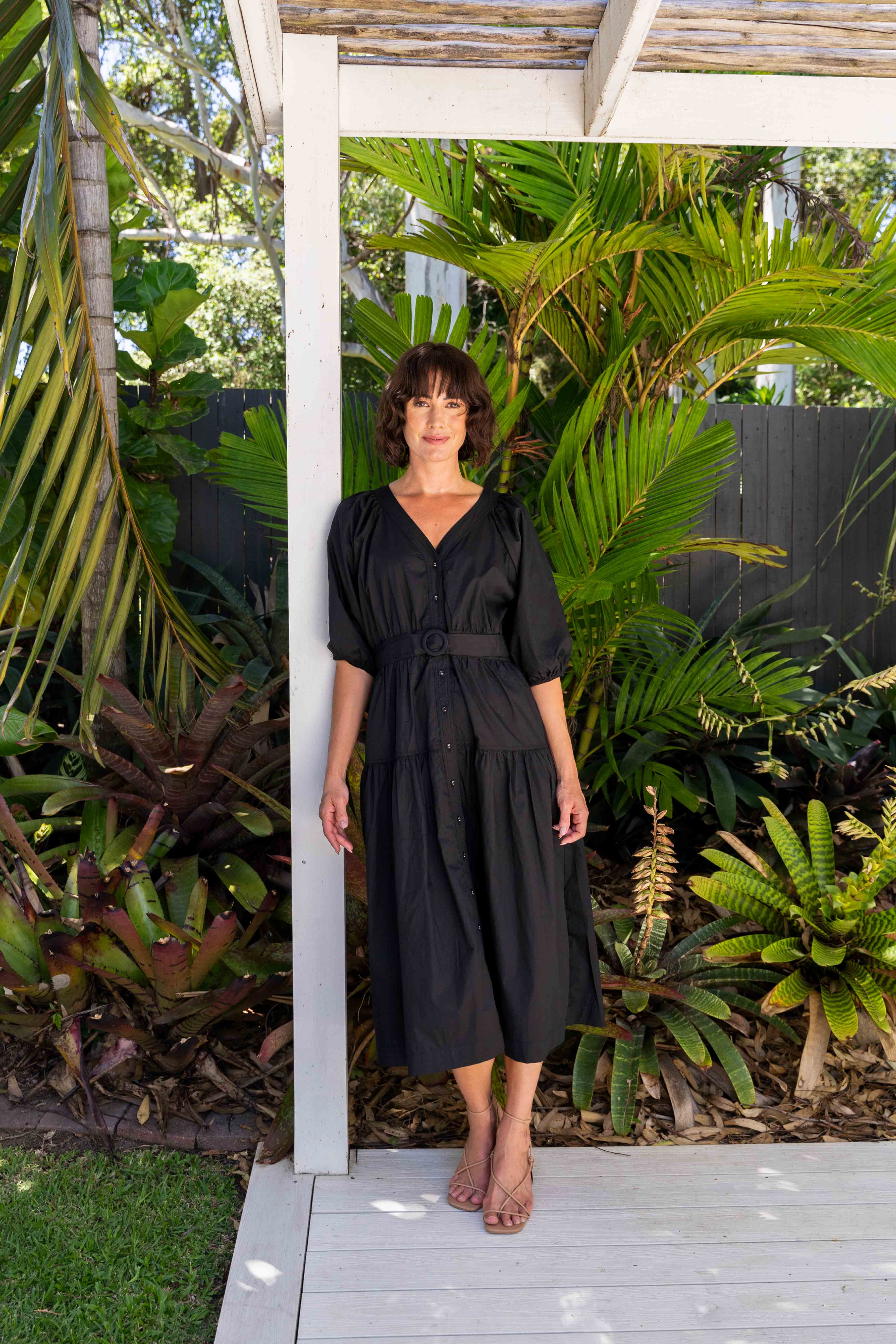 See Saw Short Sleeve Tiered Belted Dress - Black