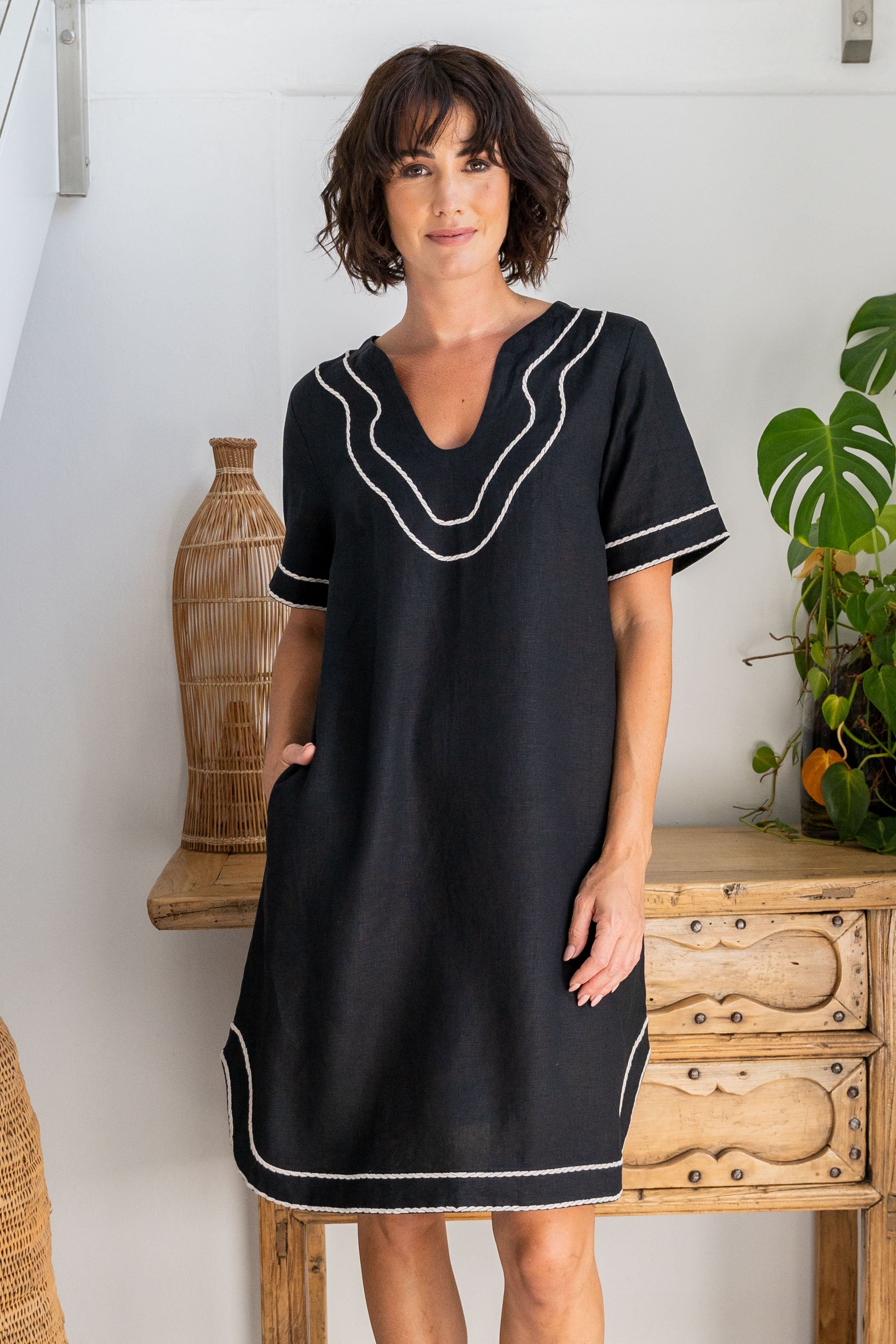See Saw Embroidery Trim Short Sleeve Dress - Black/Natural