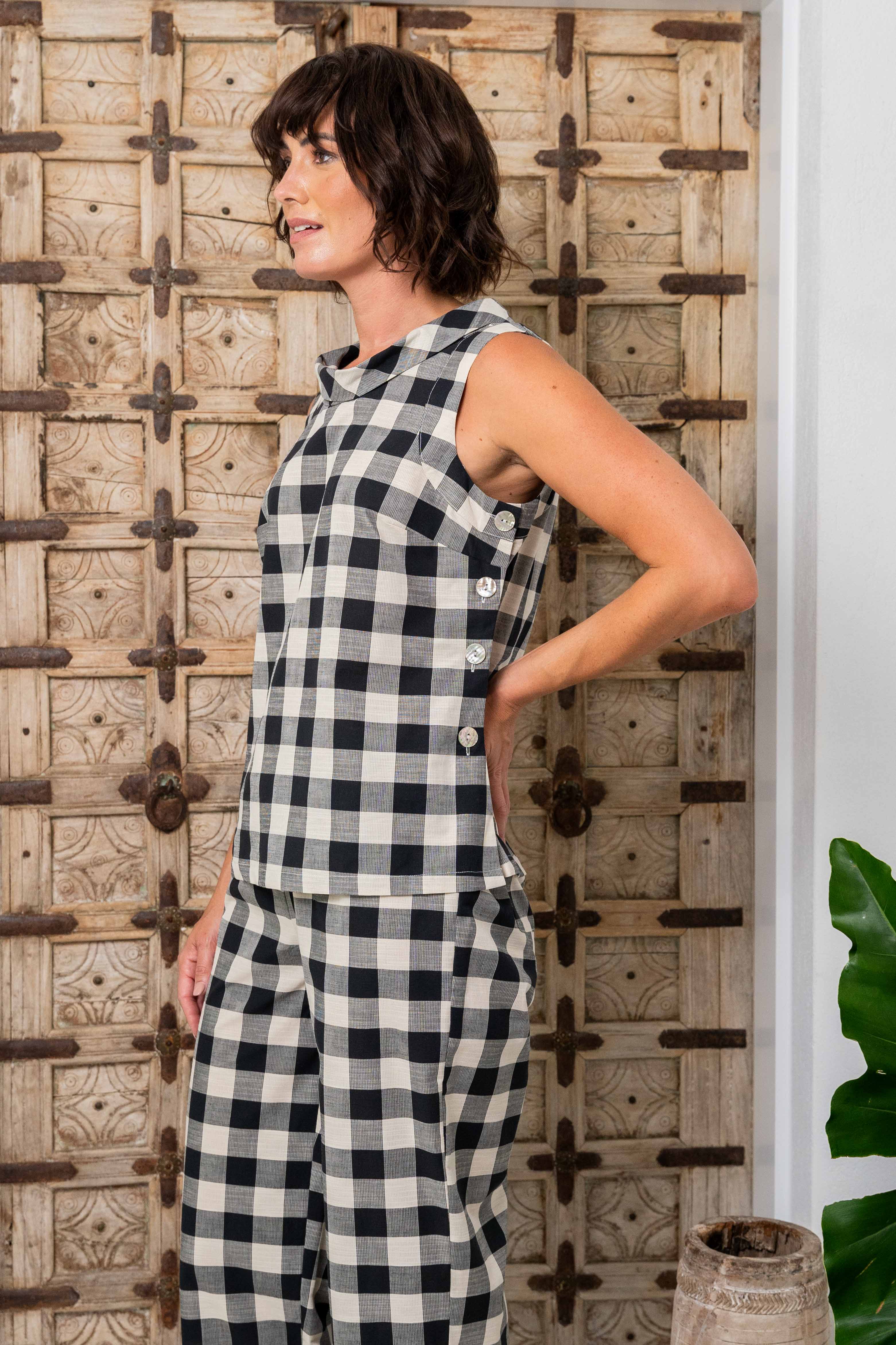 See Saw Sleeveless Cowl Neck Top - Black/Natural