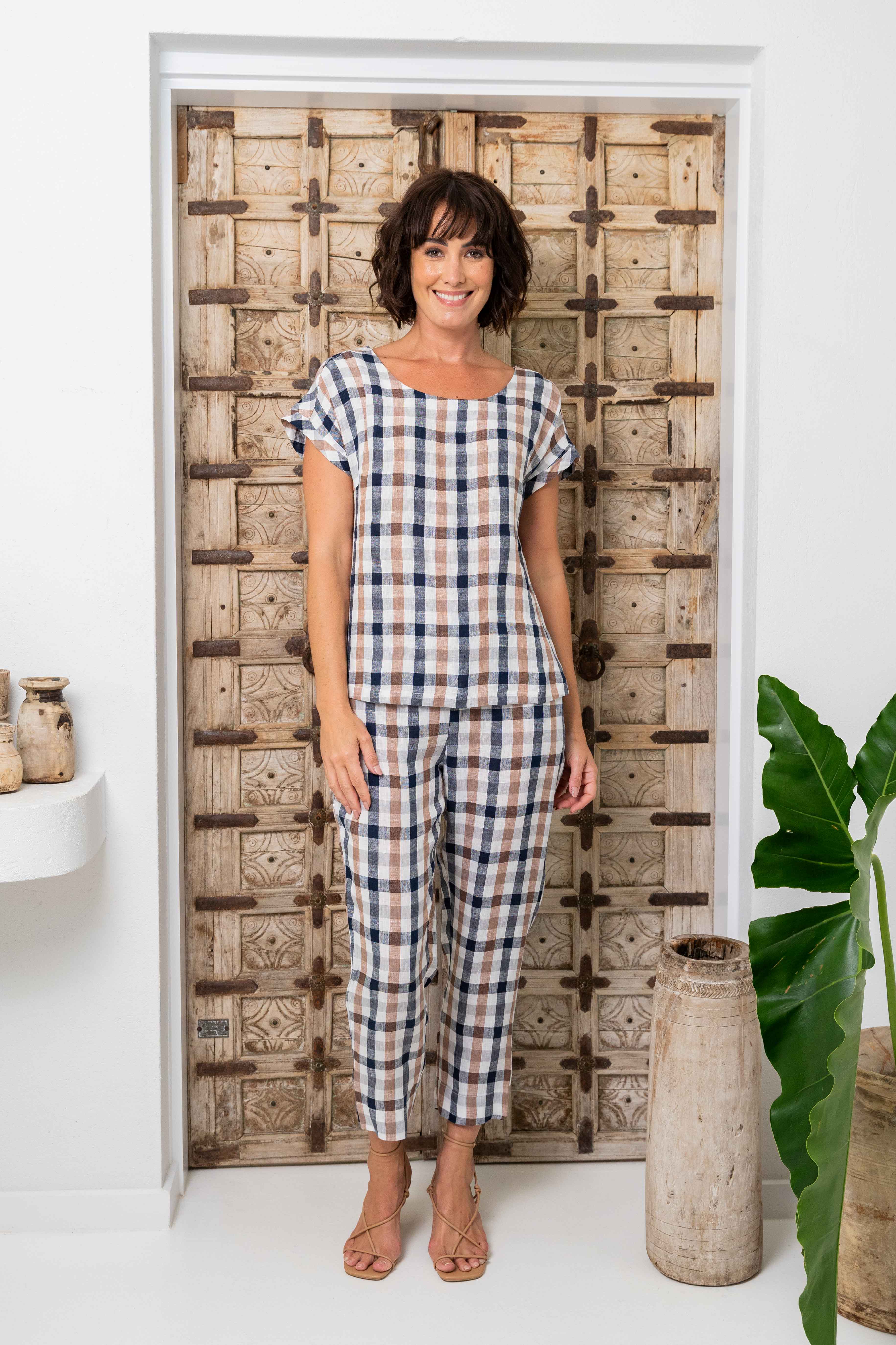 See Saw 7/8 Flat Front Pant - Navy/Bronze Check