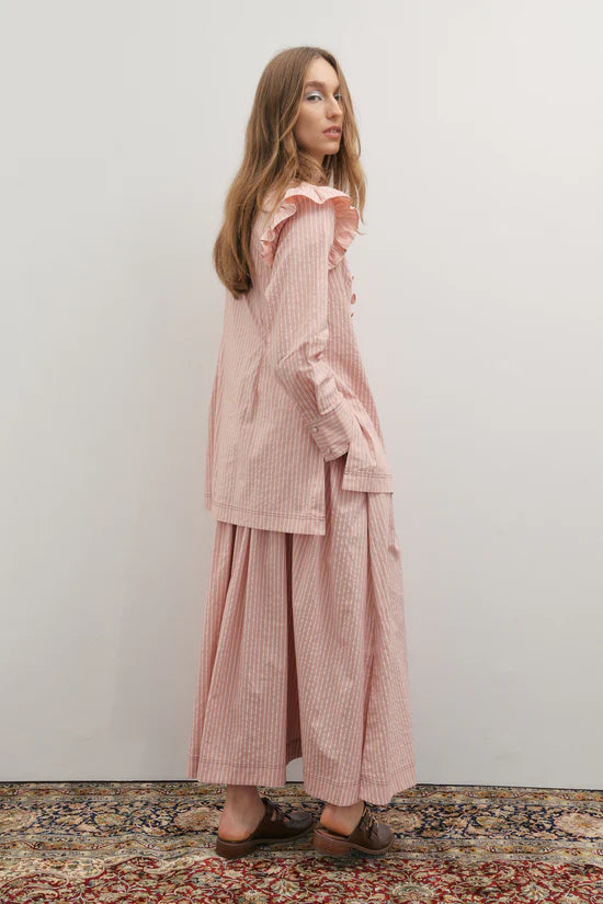 Maevarii Rue Long Sleeve Frill Shirt - Rosewater & Ivory Stripe