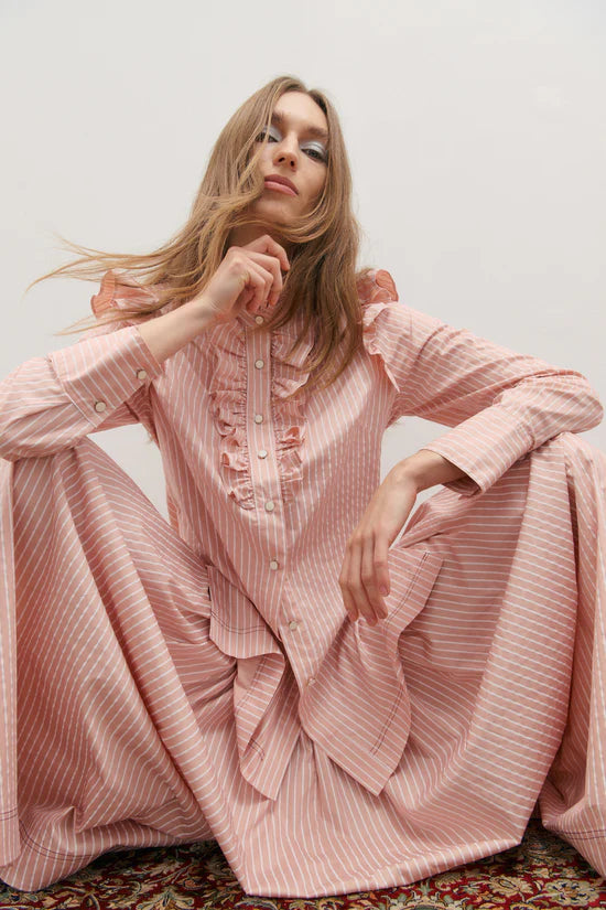 Maevarii Rue Long Sleeve Frill Shirt - Rosewater & Ivory Stripe