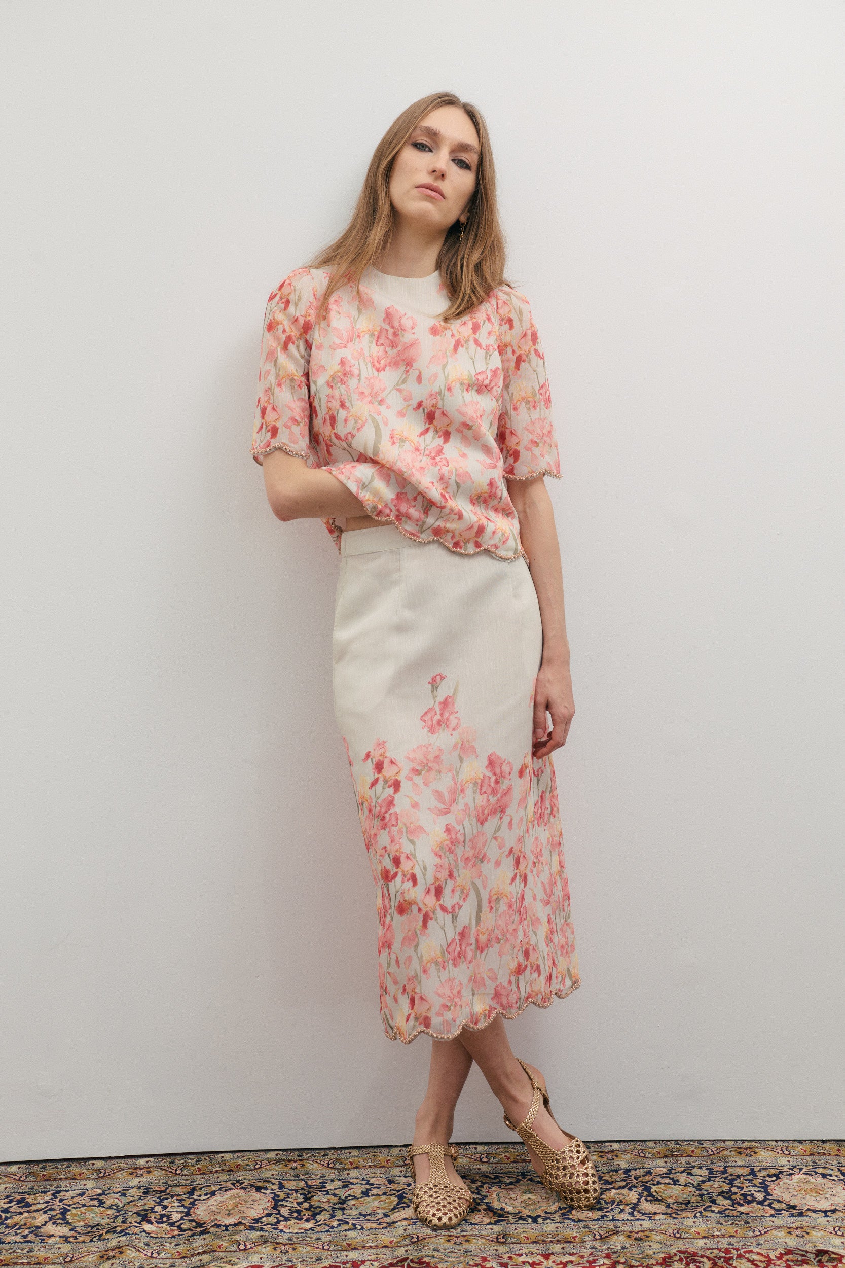 Maevarii Valentina Embellished Midi Skirt - Oceanic Blossoms