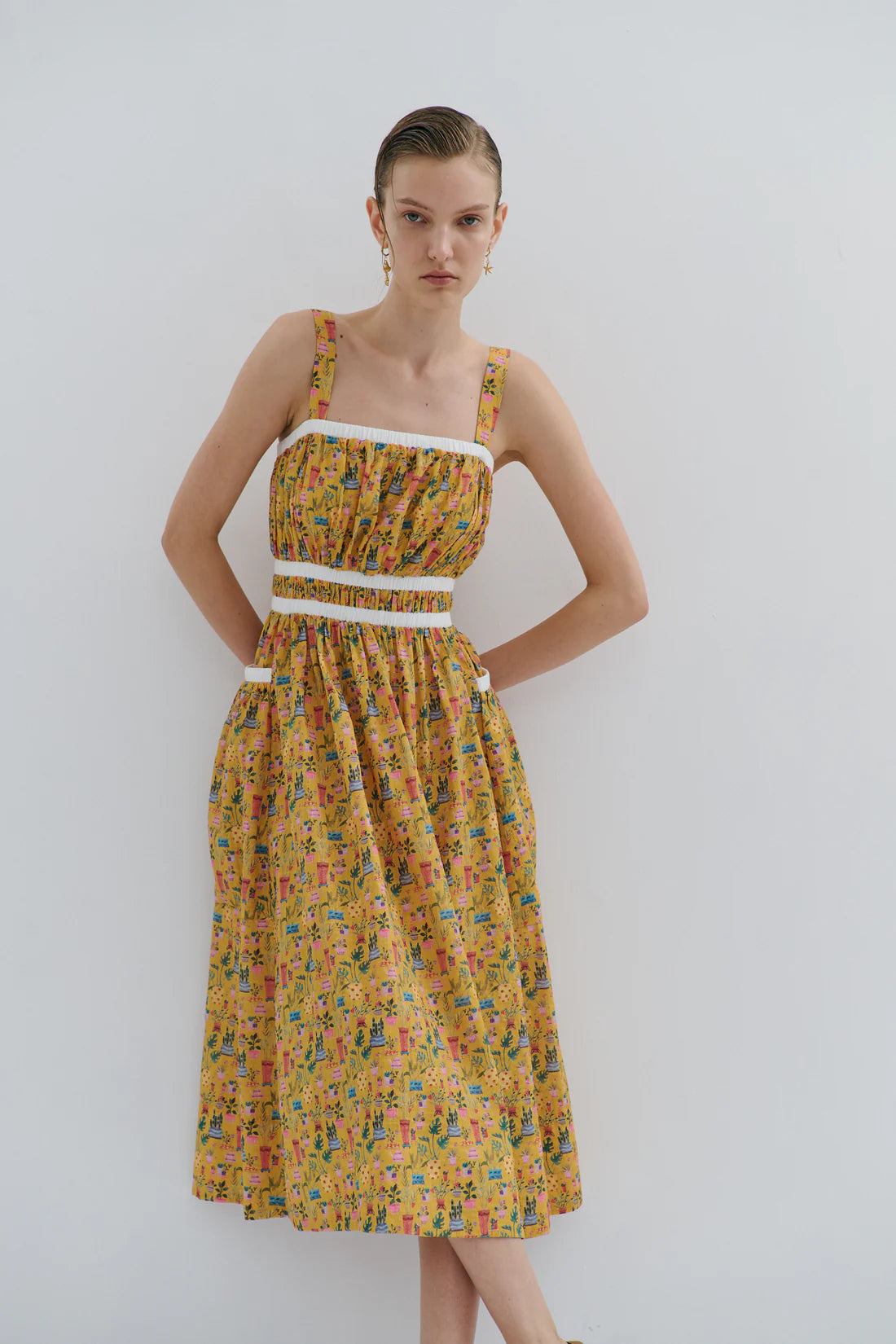 Maevarii Alice Midi Dress - Yellow Tea Party