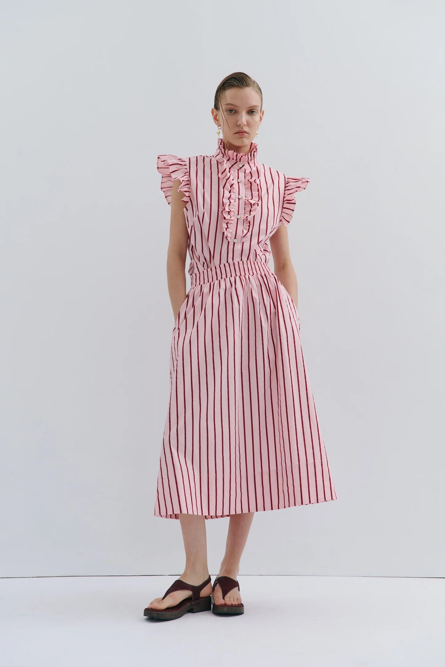 Maevarii Mad Hatters Midi Skirt - Red/Pink Pinstripe Pop