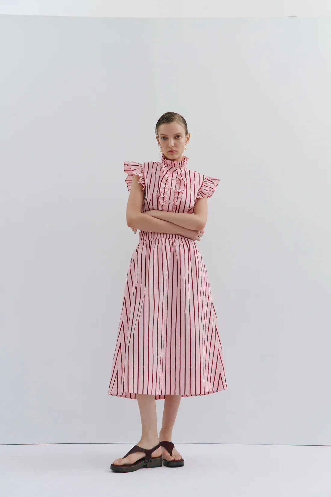 Maevarii Mad Hatters Midi Skirt - Red/Pink Pinstripe Pop