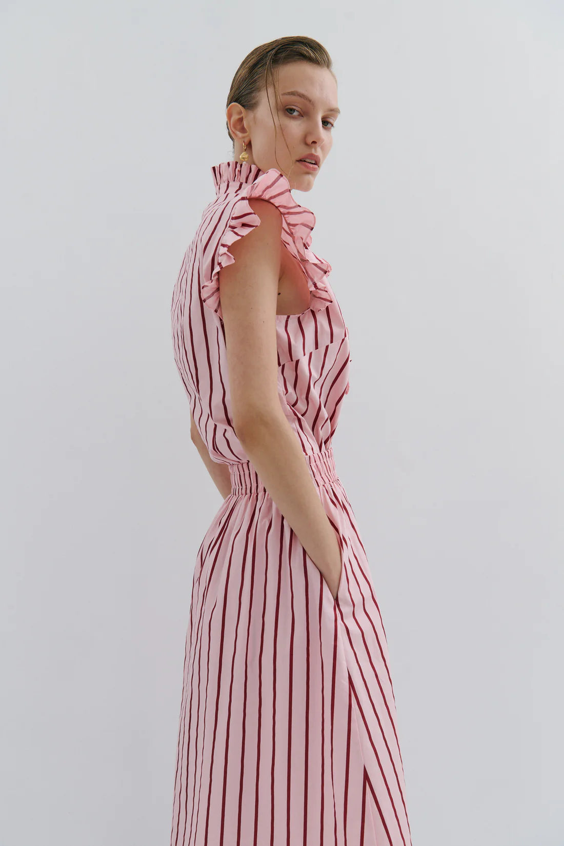 Maevarii Mad Hatters Frill Shirt - Red/Pink Pinstripe Pop