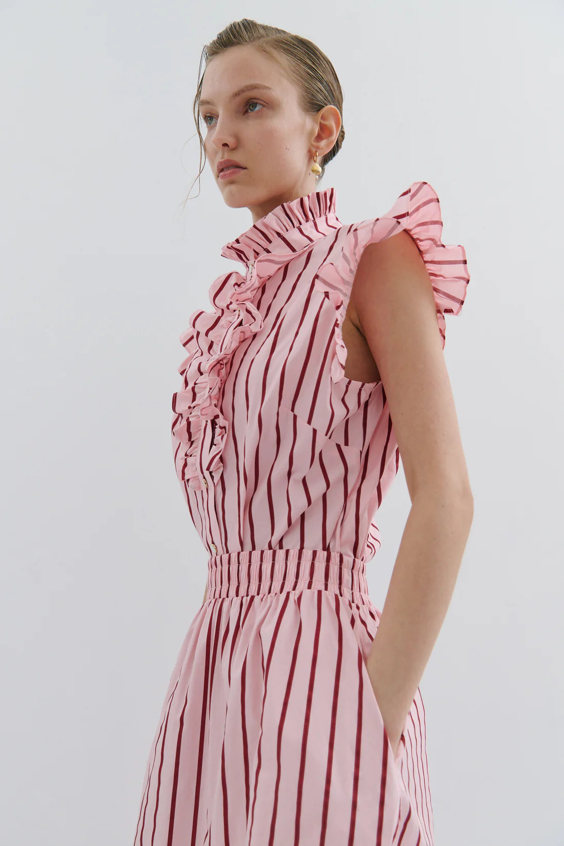 Maevarii Mad Hatters Midi Skirt - Red/Pink Pinstripe Pop
