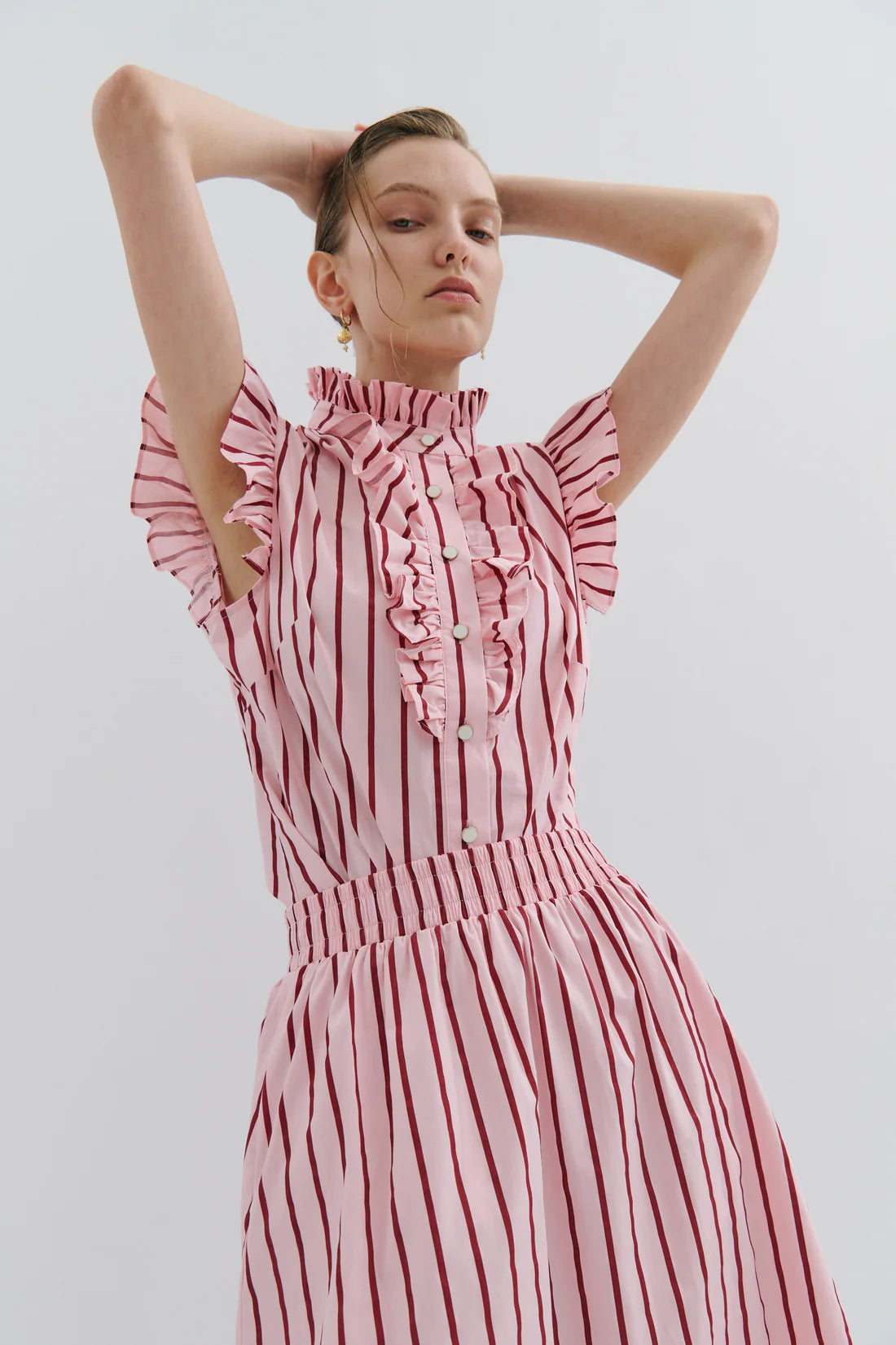 Maevarii Mad Hatters Midi Skirt - Red/Pink Pinstripe Pop