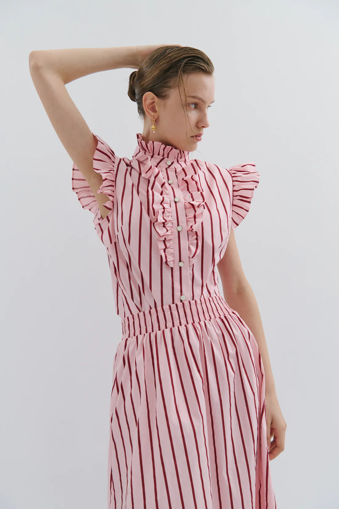 Maevarii Mad Hatters Frill Shirt - Red/Pink Pinstripe Pop
