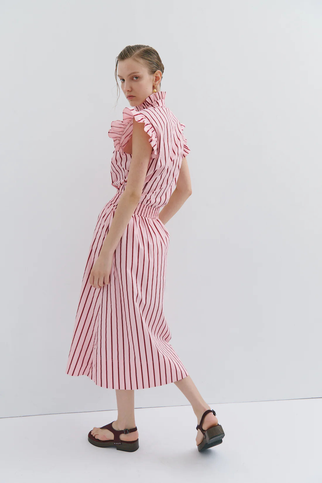 Maevarii Mad Hatters Frill Shirt - Red/Pink Pinstripe Pop