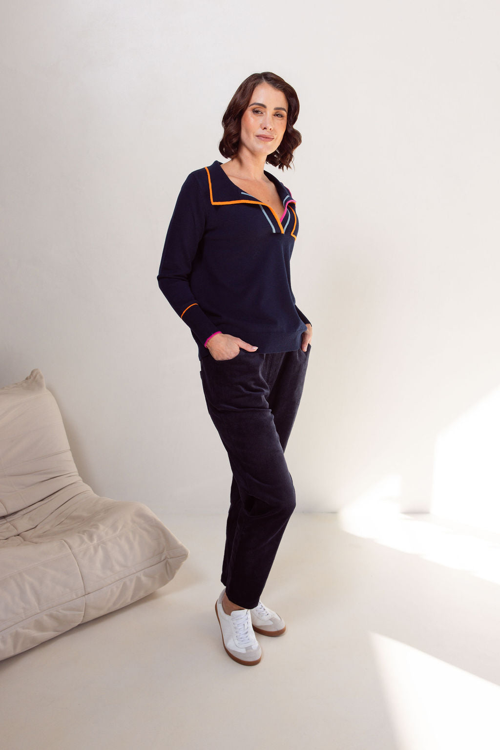 See Saw Collared Trim Sweater - Night Sky/Magenta/Tango
