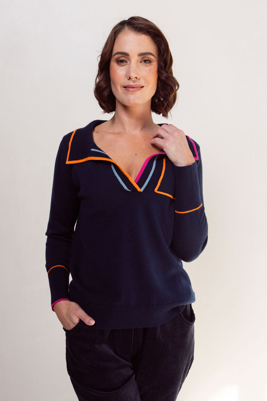 See Saw Collared Trim Sweater - Night Sky/Magenta/Tango