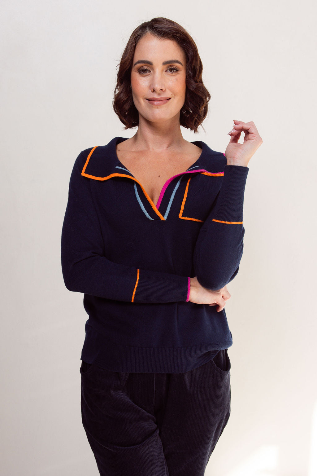 See Saw Collared Trim Sweater - Night Sky/Magenta/Tango
