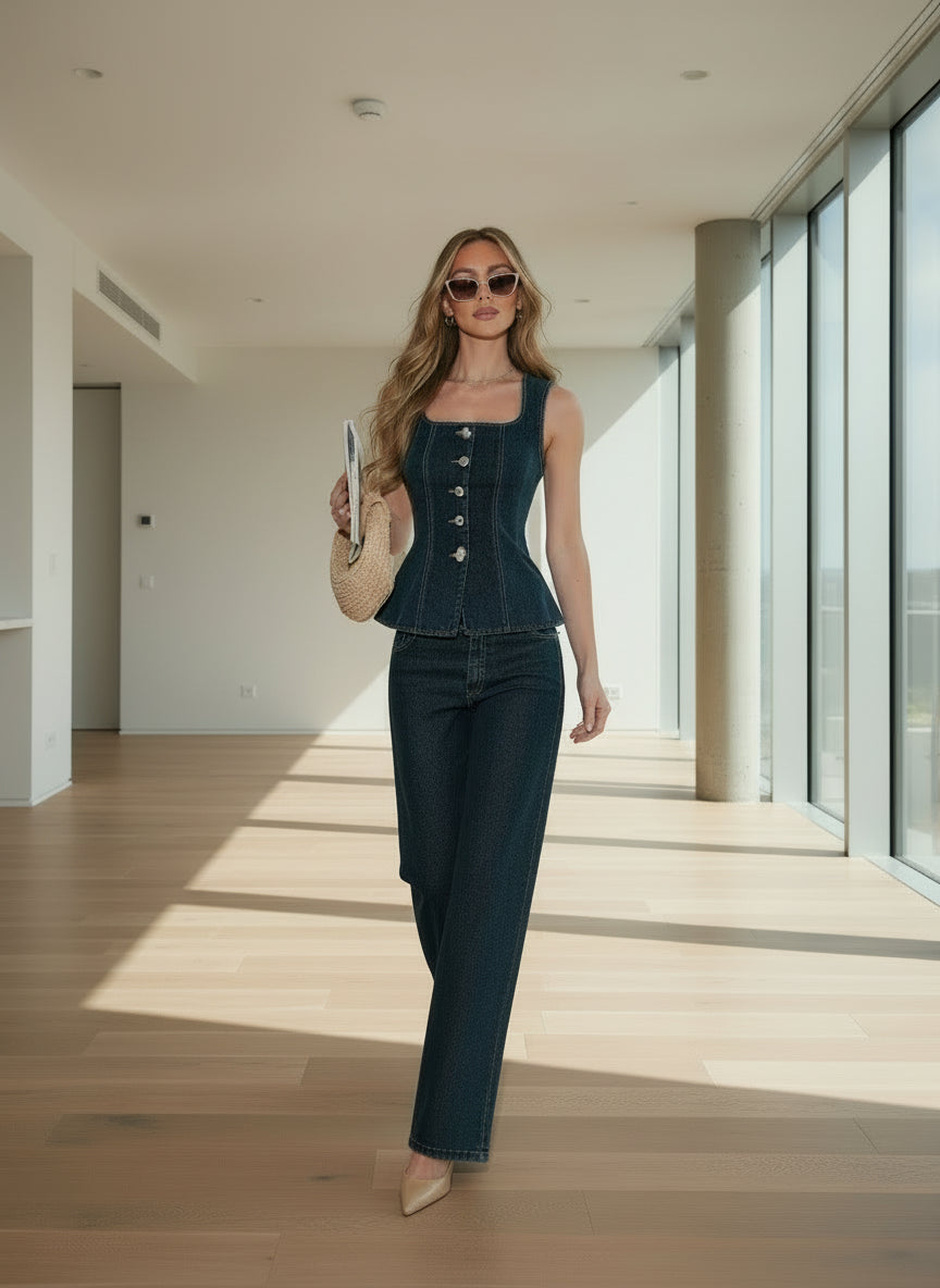 Smaibulun Denim Sculpt Top & Straight Leg Pants Set