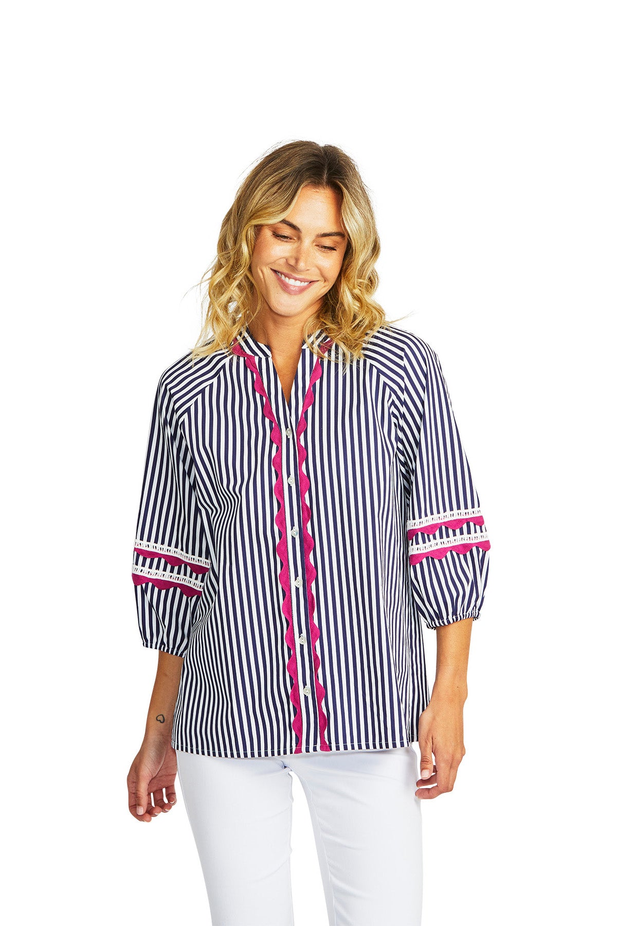 Ping Pong Delia Ric Rac Blouse - White/Navy