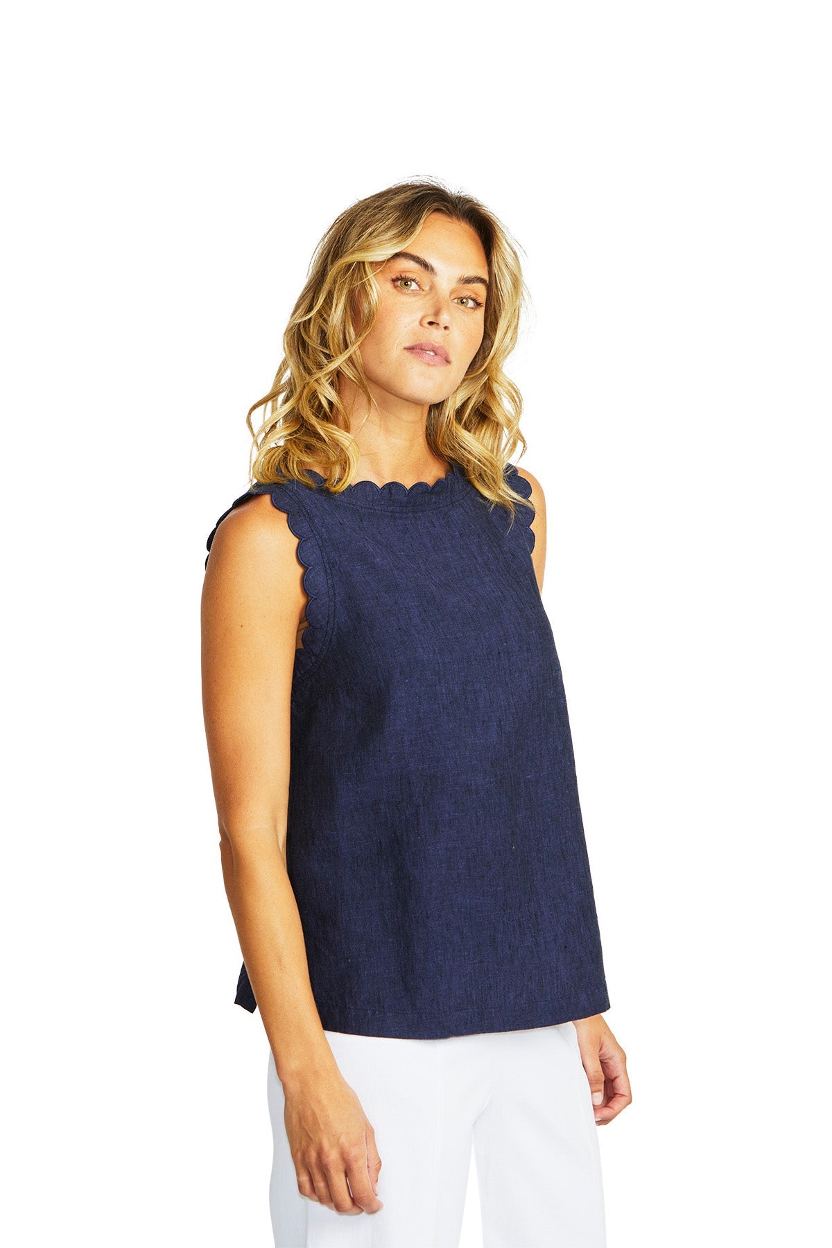 Ping Pong Lucy Linen Scallop Top - Navy