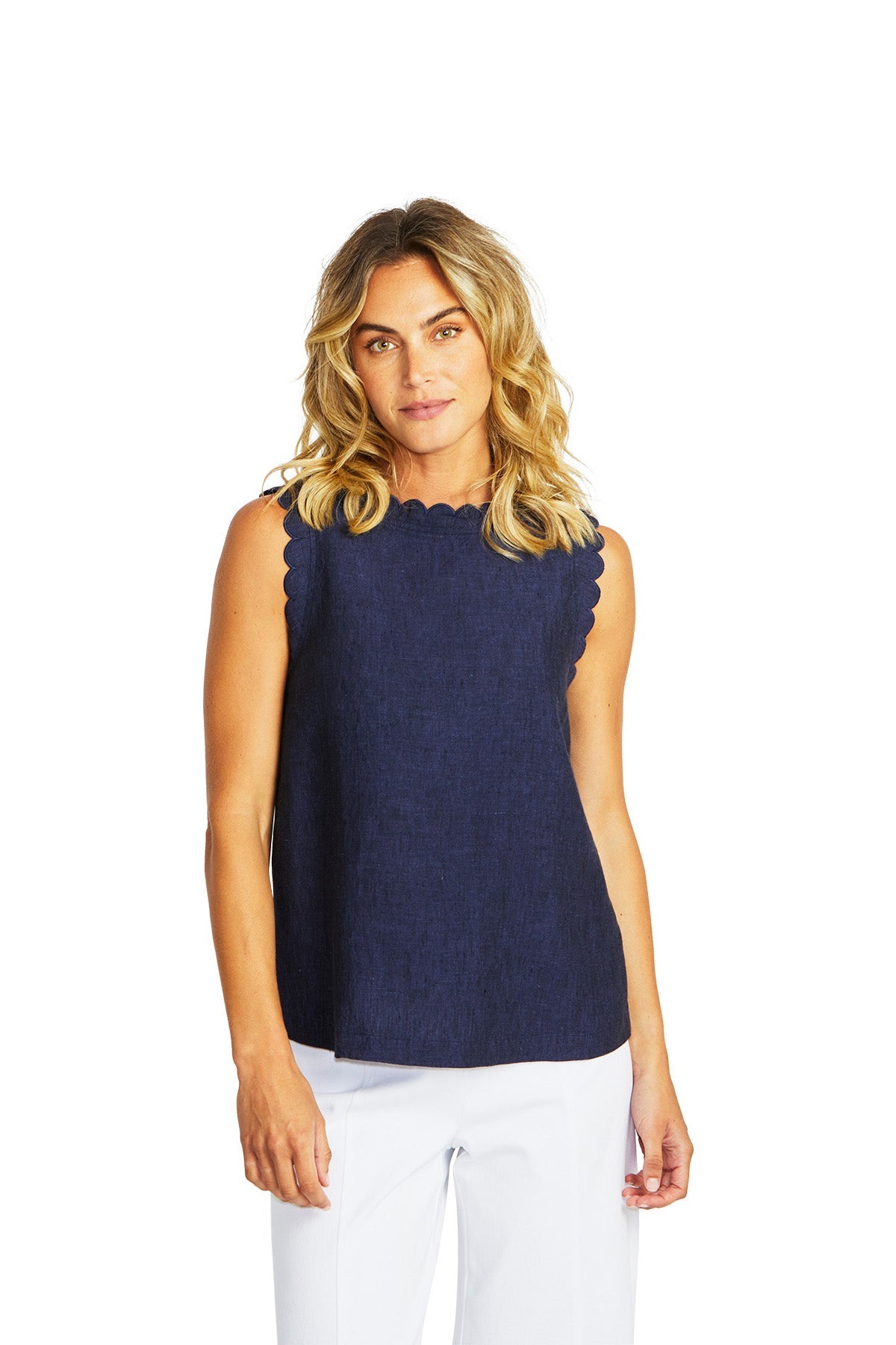 Ping Pong Lucy Linen Scallop Top - Navy