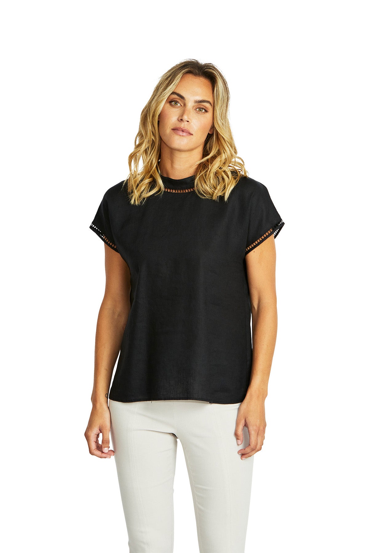 Ping Pong Jade Linen Trim Top - Black