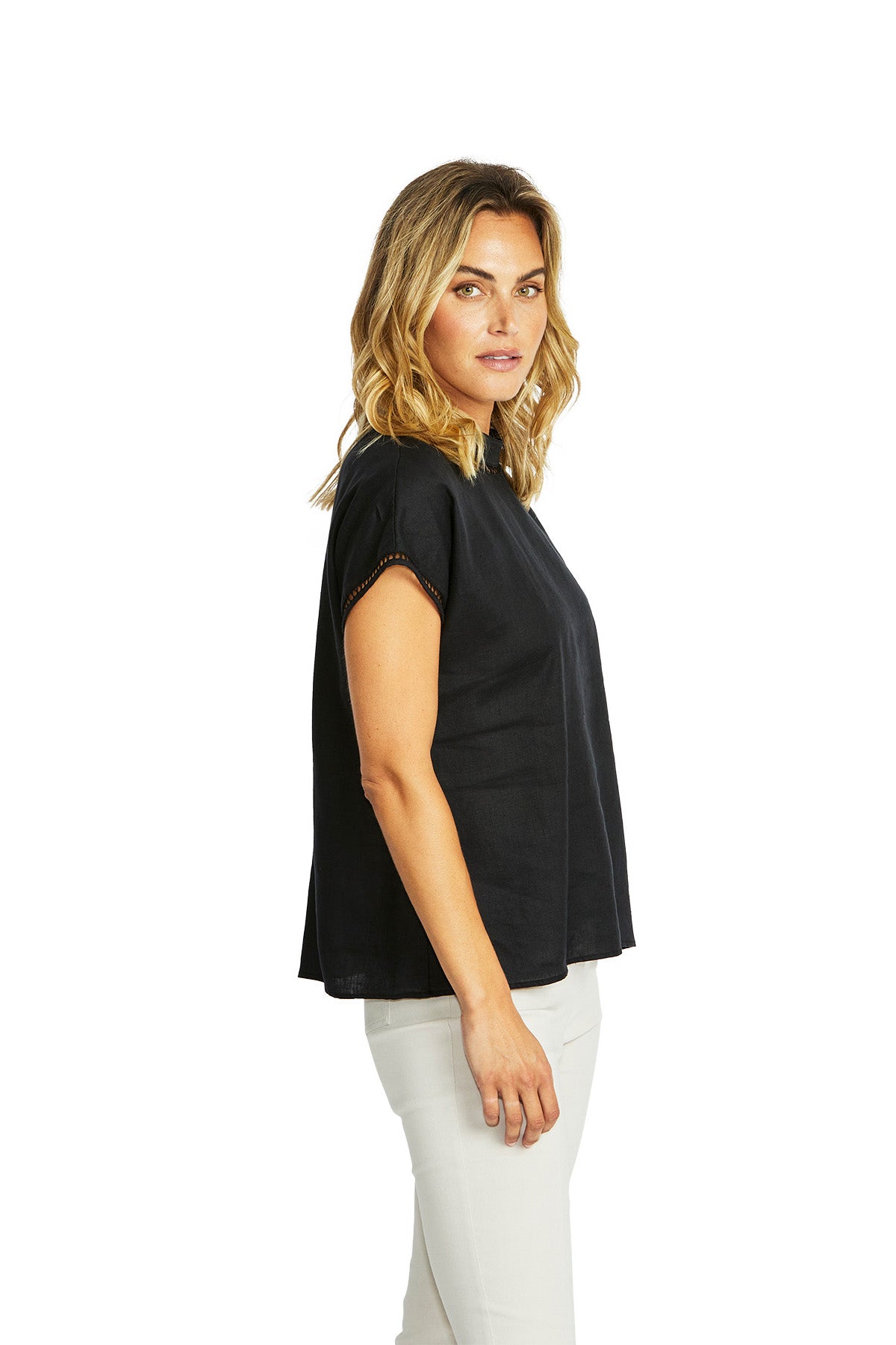 Ping Pong Jade Linen Trim Top - Black