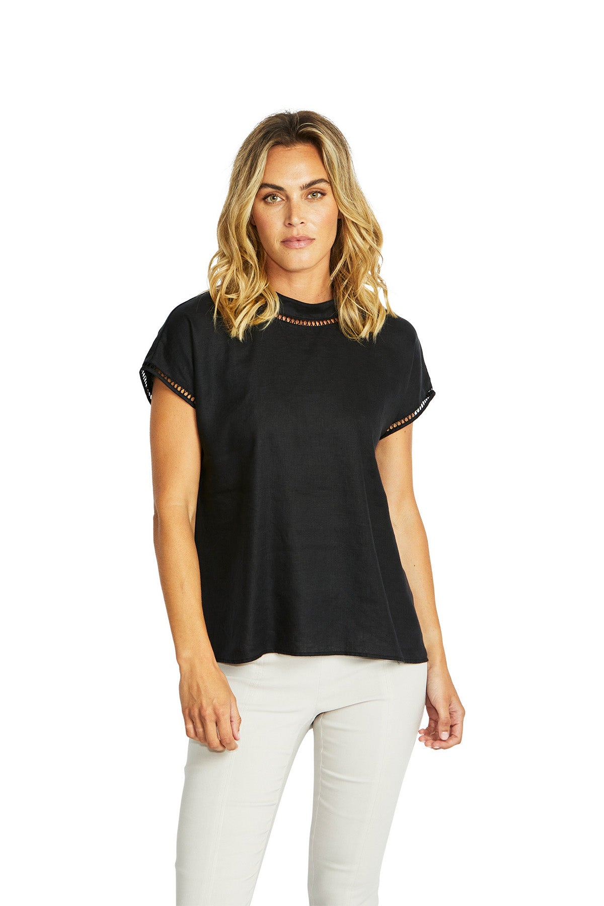 Ping Pong Jade Linen Trim Top - Black