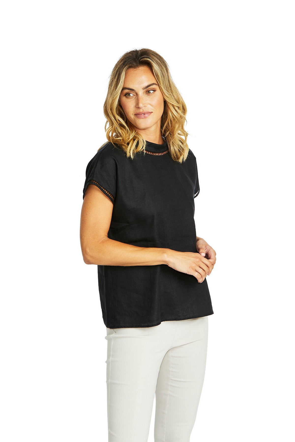 Ping Pong Jade Linen Trim Top - Black