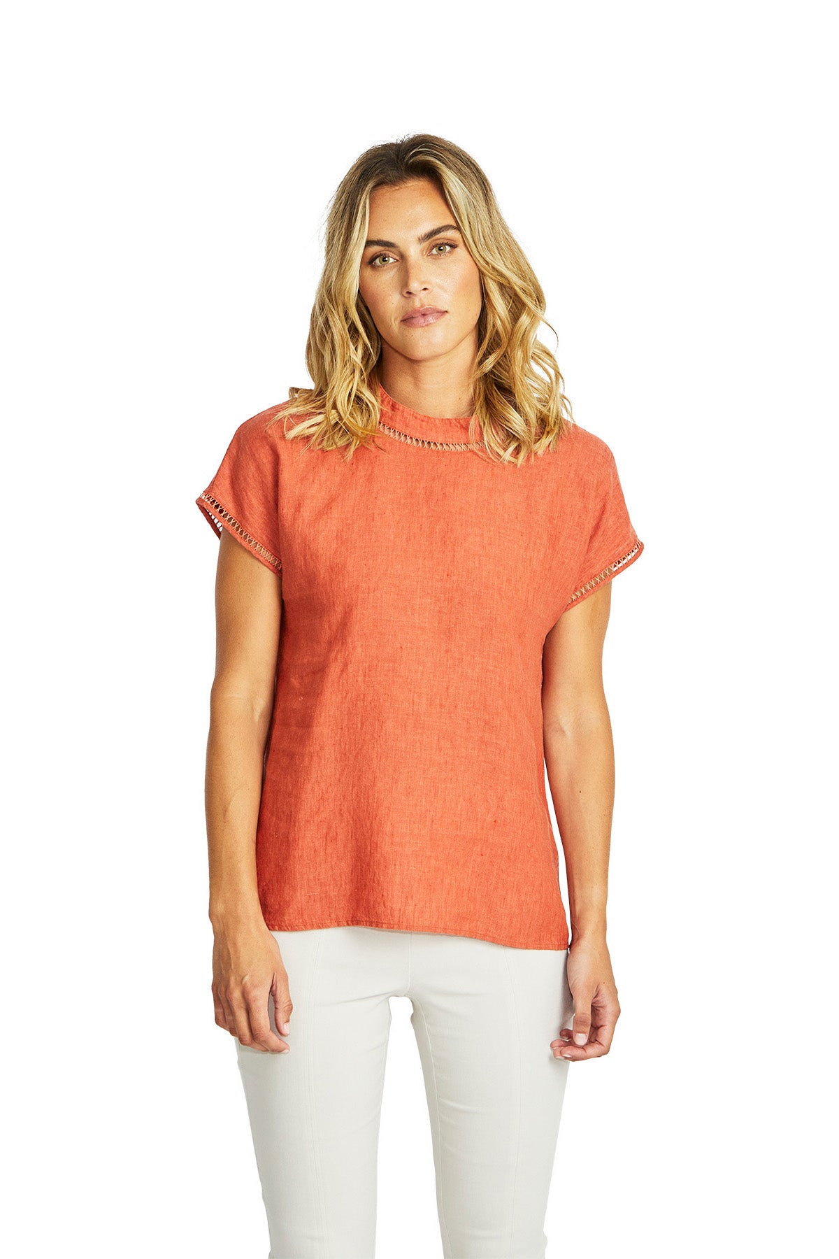 Ping Pong Jade Linen Trim Top - Sienna