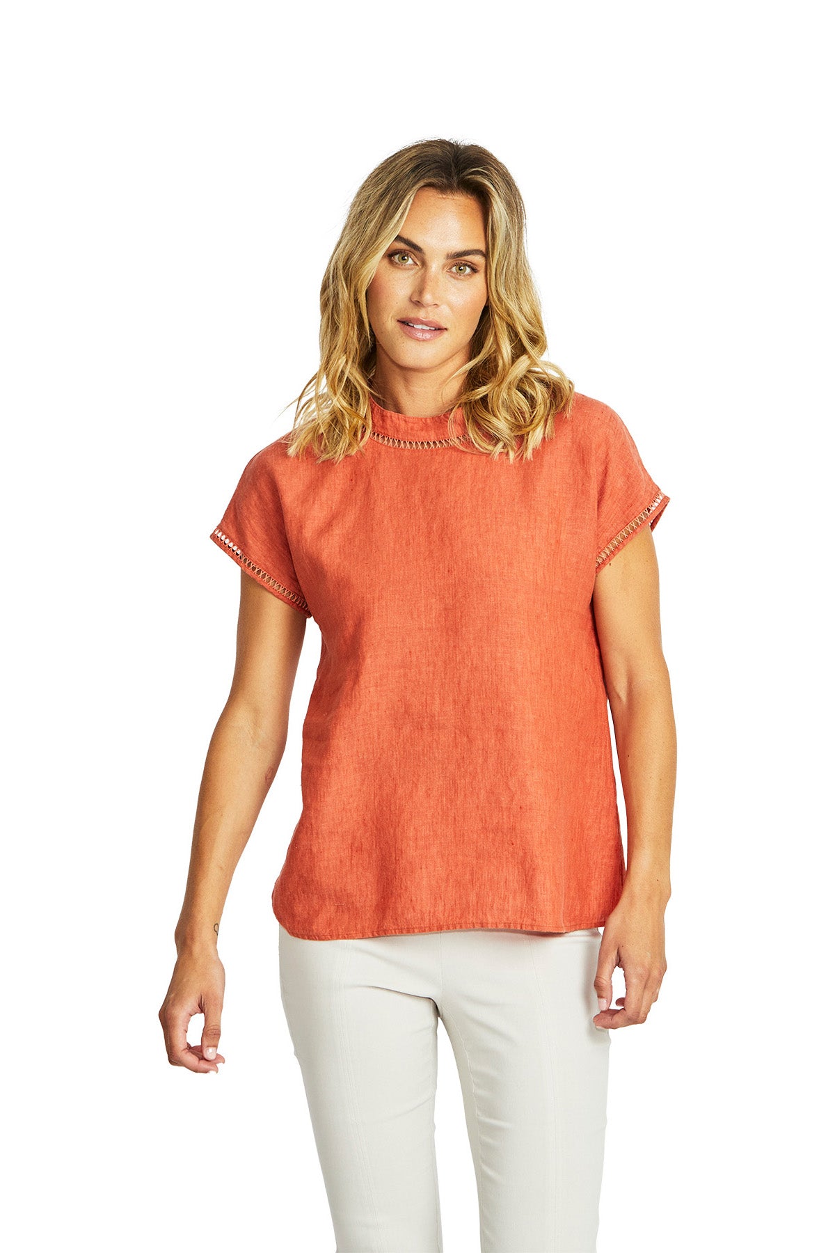 Ping Pong Jade Linen Trim Top - Sienna