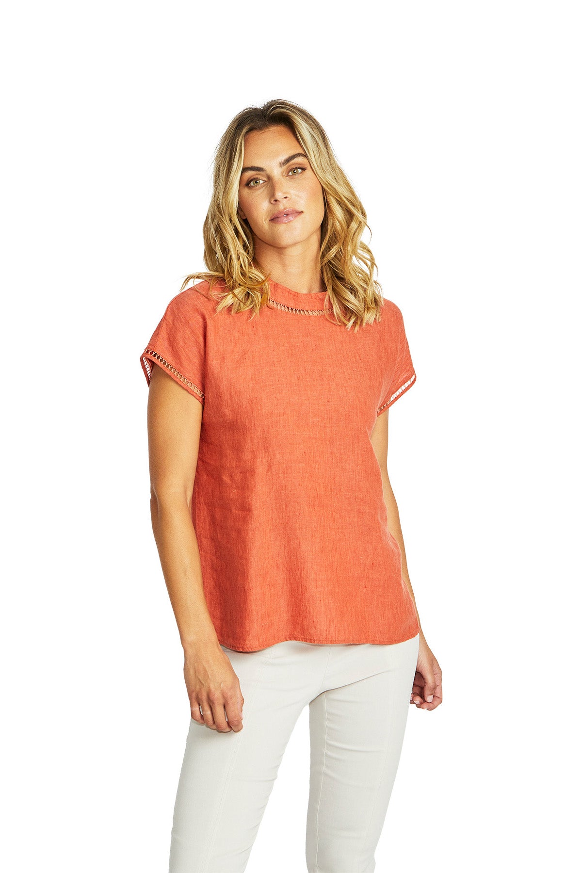 Ping Pong Jade Linen Trim Top - Sienna