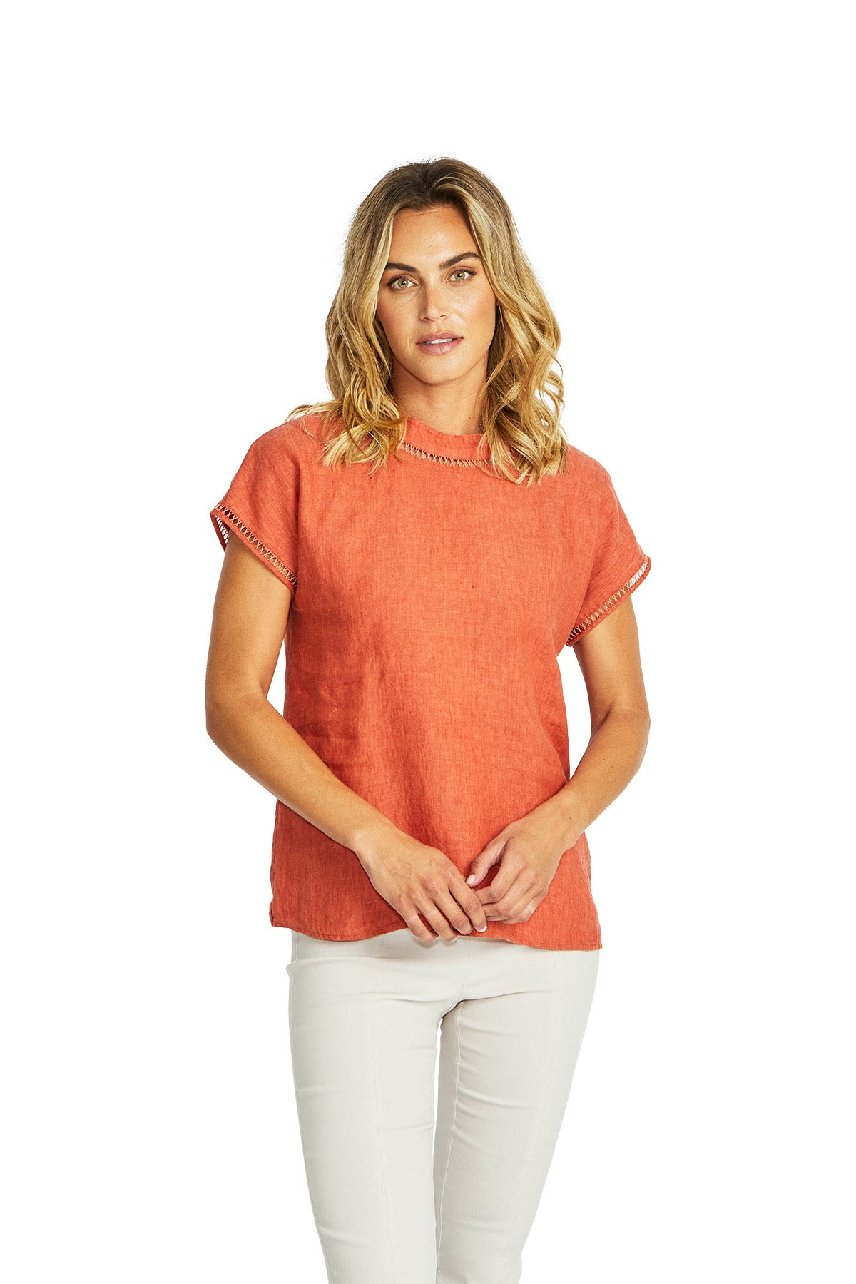 Ping Pong Jade Linen Trim Top - Sienna