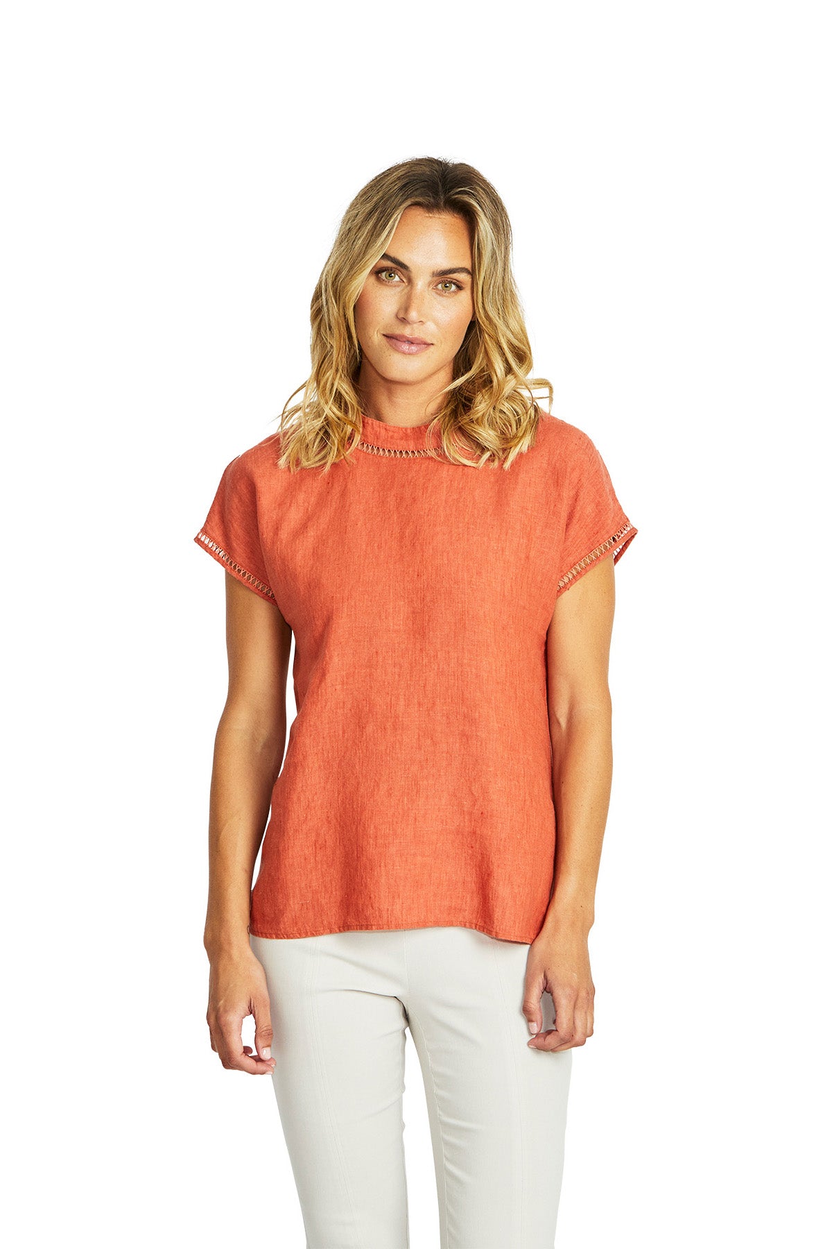 Ping Pong Jade Linen Trim Top - Sienna