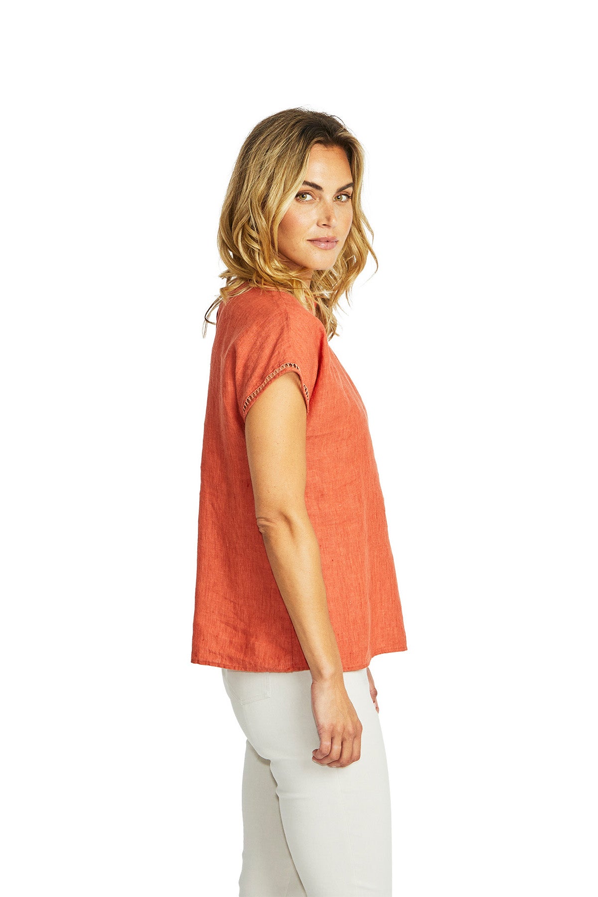 Ping Pong Jade Linen Trim Top - Sienna