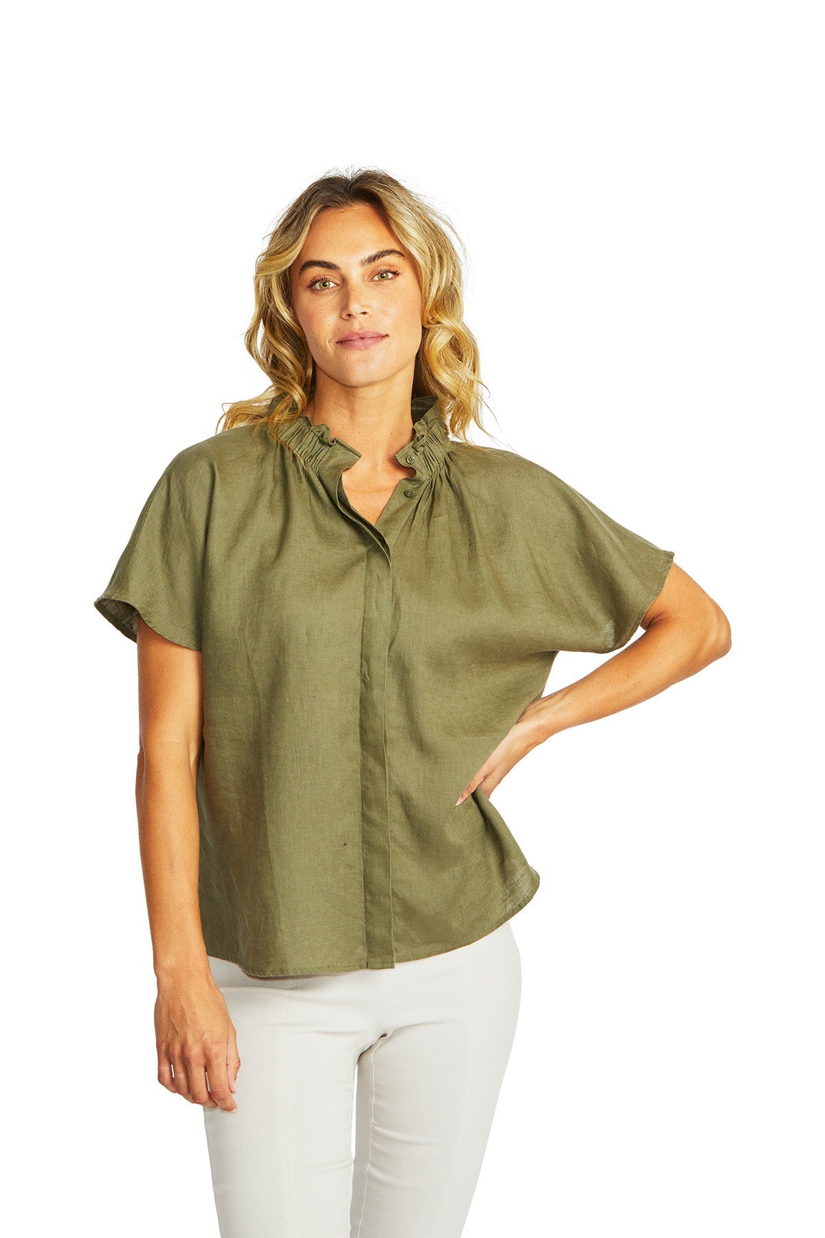 Ping Pong Nora Linen Ruffle Blouse - Khaki