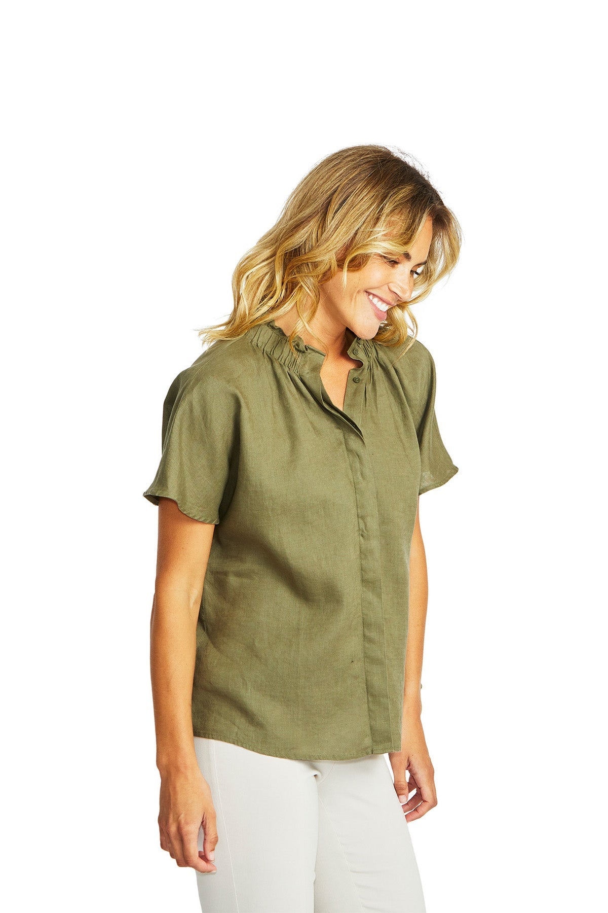 Ping Pong Nora Linen Ruffle Blouse - Khaki