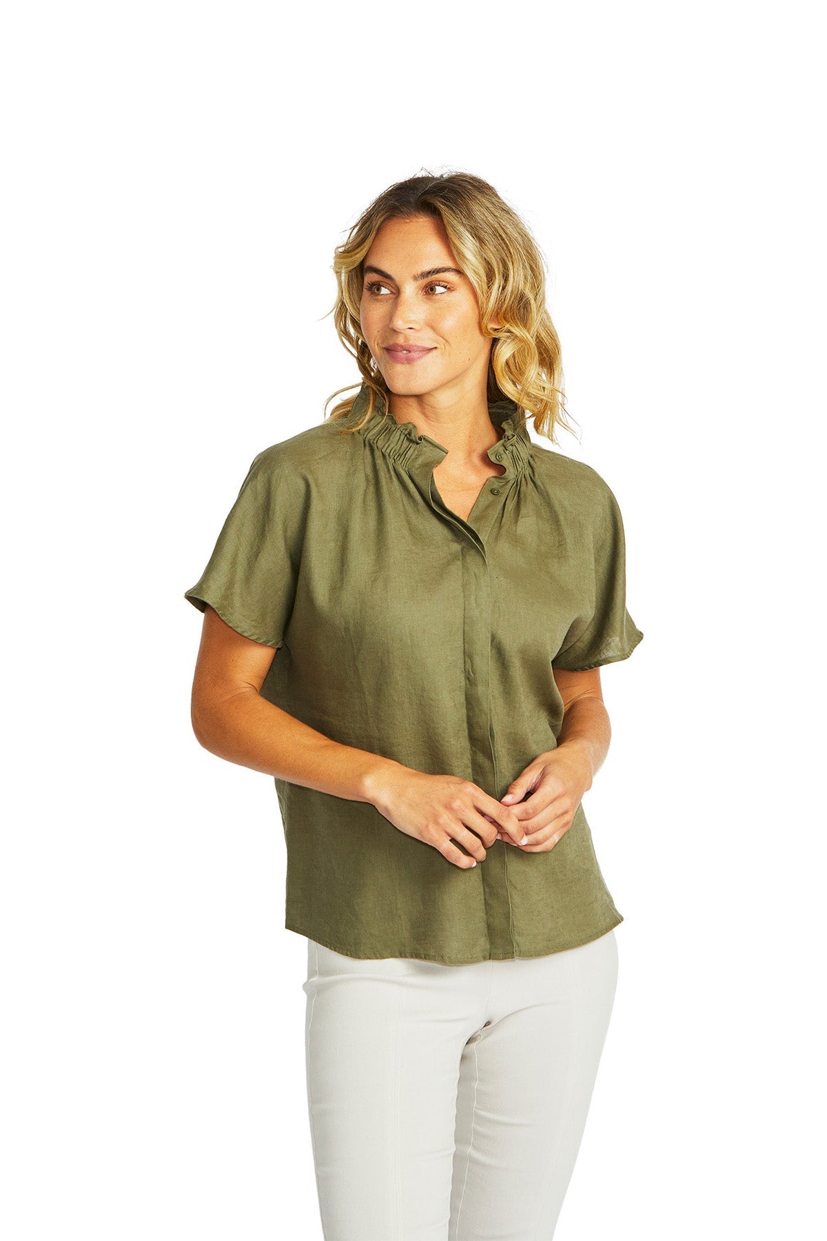 Ping Pong Nora Linen Ruffle Blouse - Khaki