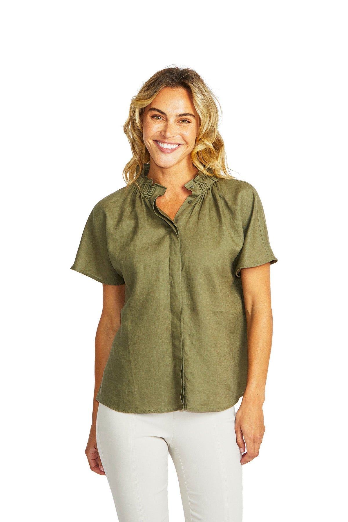 Ping Pong Nora Linen Ruffle Blouse - Khaki