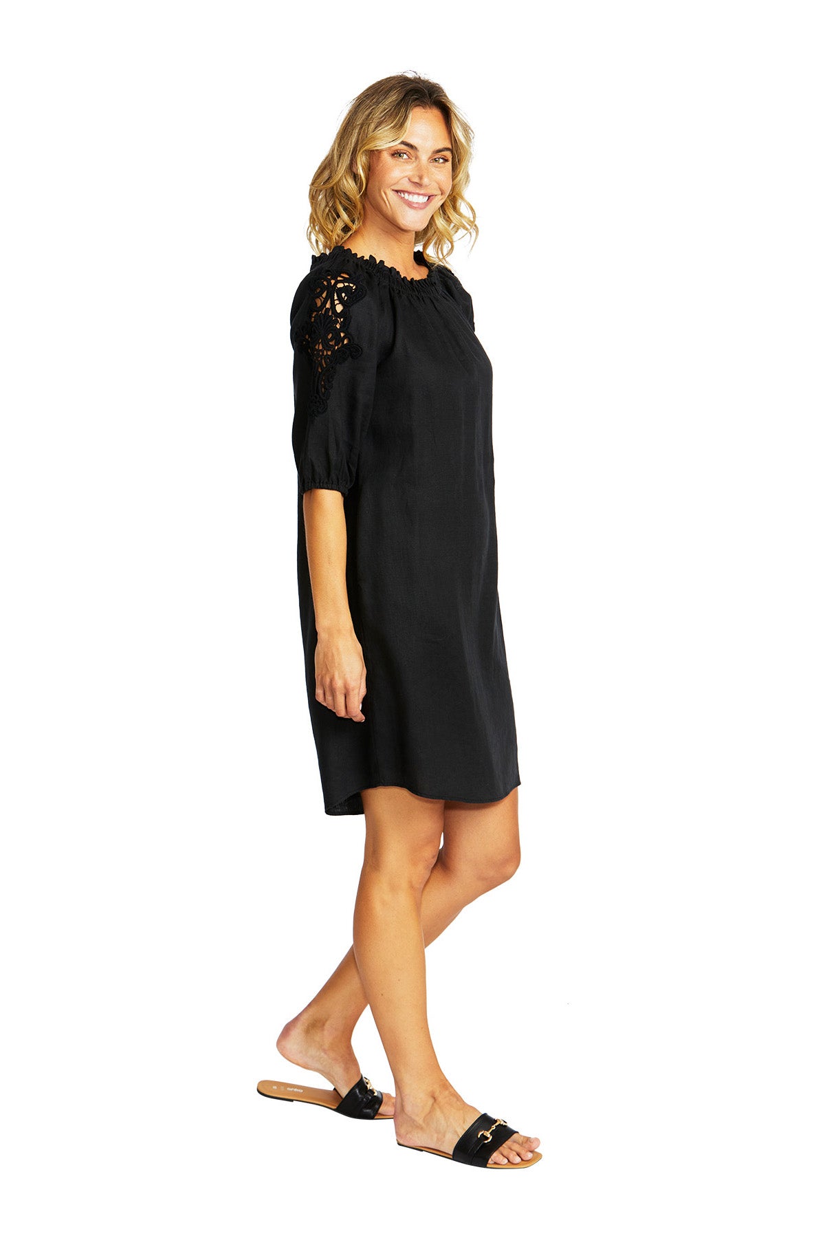 Ping Pong Jojo Linen Lace Trim Dress - Black