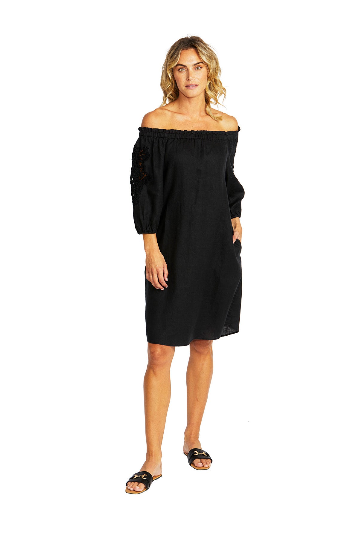 Ping Pong Jojo Linen Lace Trim Dress - Black