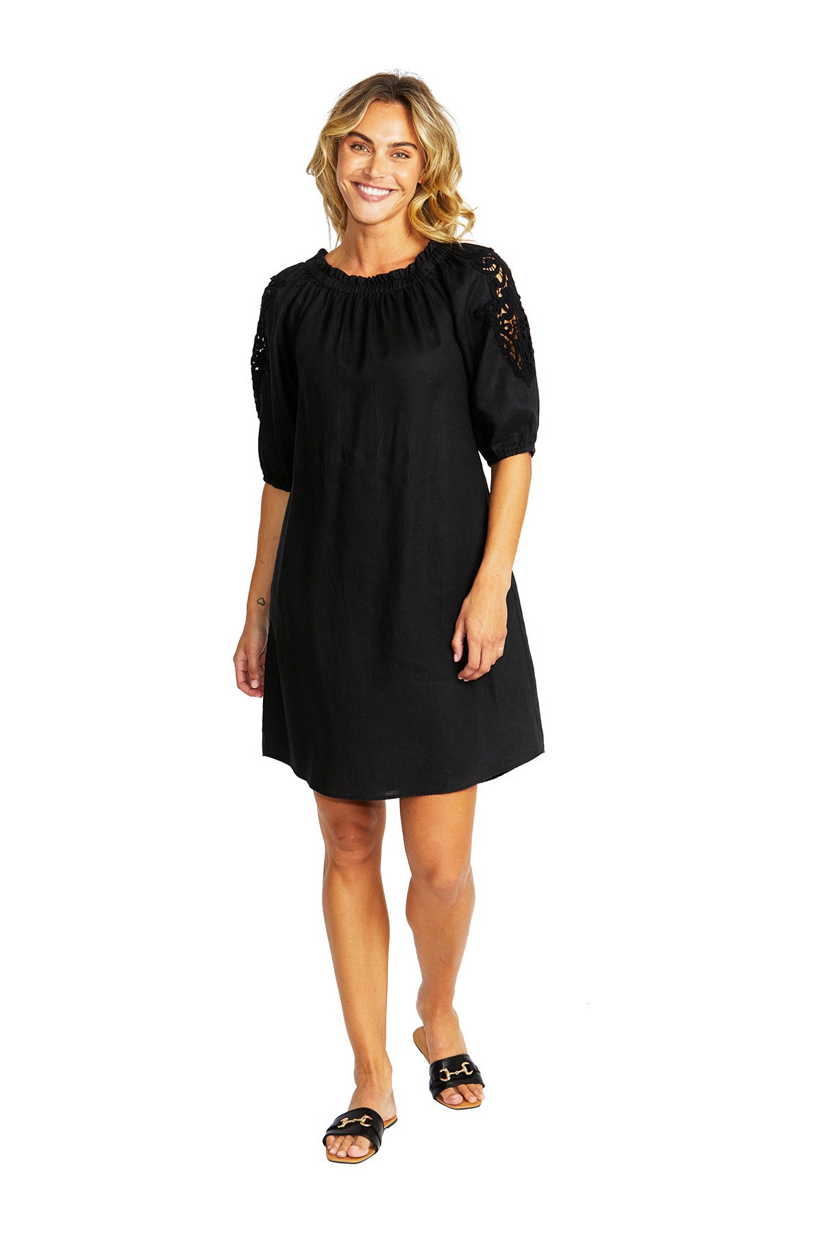 Ping Pong Jojo Linen Lace Trim Dress - Black