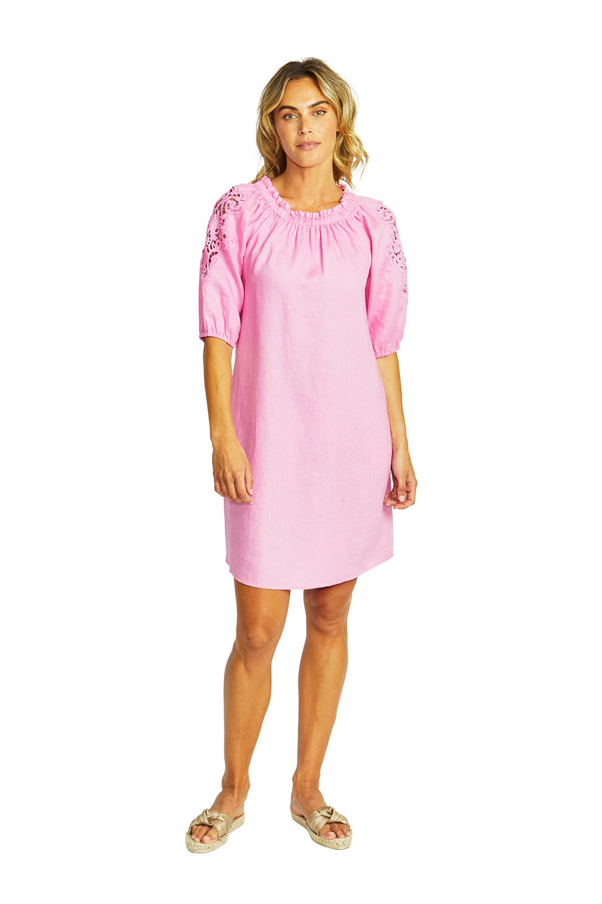 Ping Pong Jojo Linen Lace Trim Dress - Bubblegum