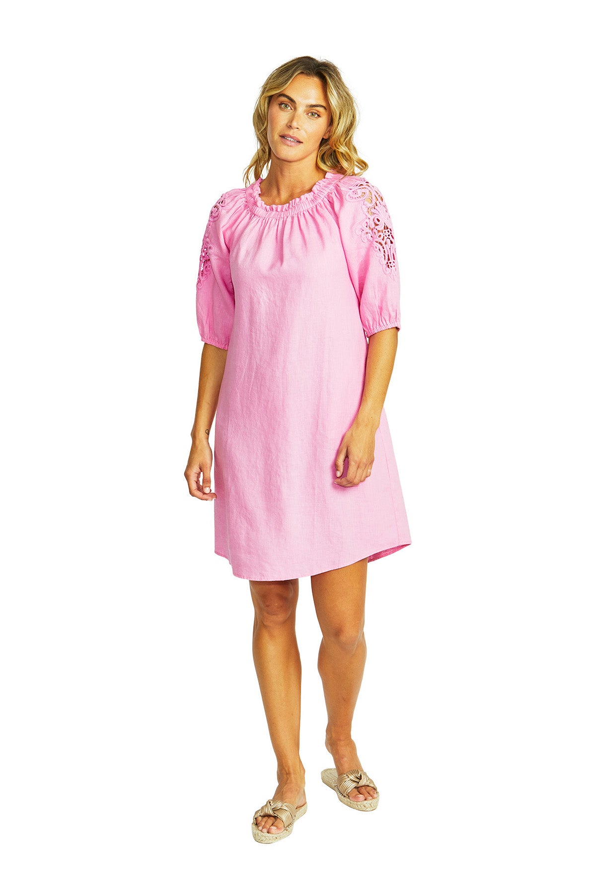 Ping Pong Jojo Linen Lace Trim Dress - Bubblegum