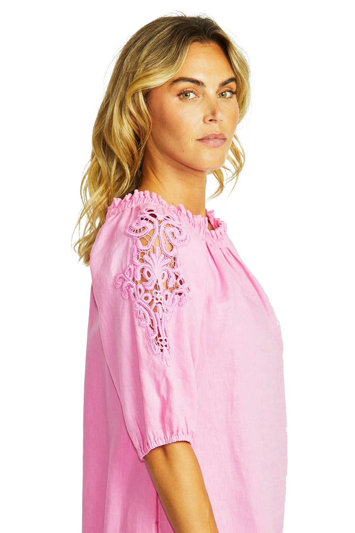 Ping Pong Jojo Linen Lace Trim Dress - Bubblegum