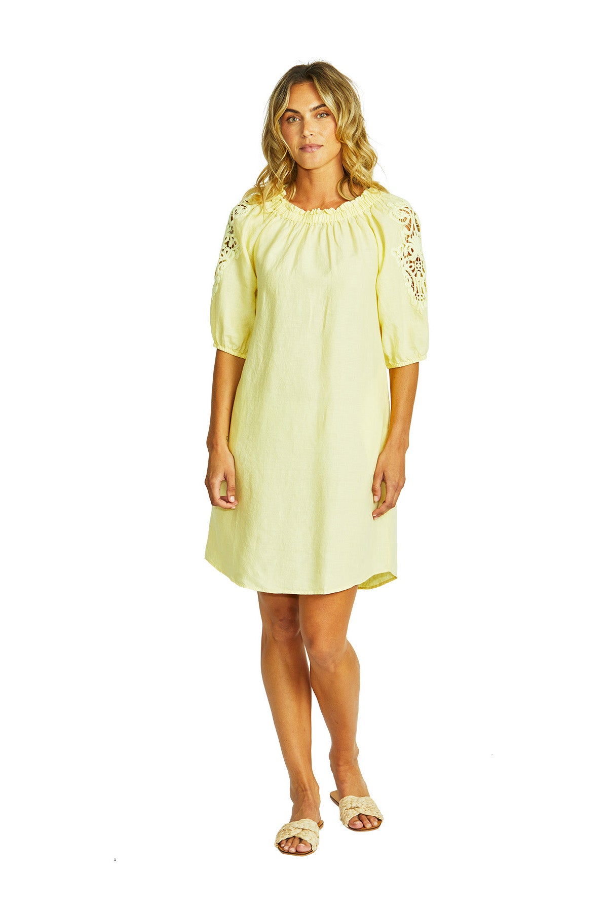 Ping Pong Jojo Linen Lace Trim Dress - Buttercup