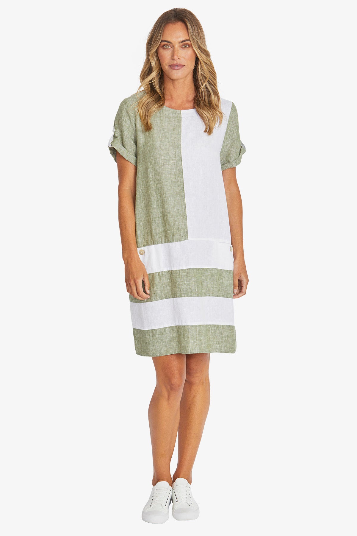 Ping Pong Colour Block Linen Dress - Seagrass/White