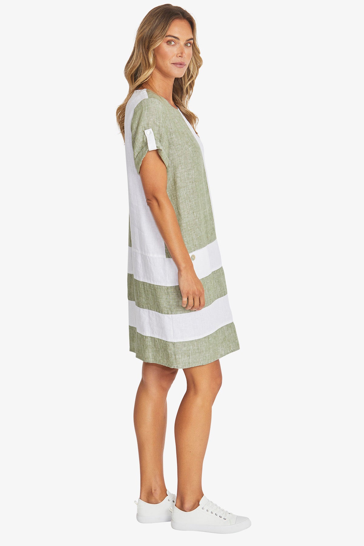 Ping Pong Colour Block Linen Dress - Seagrass/White